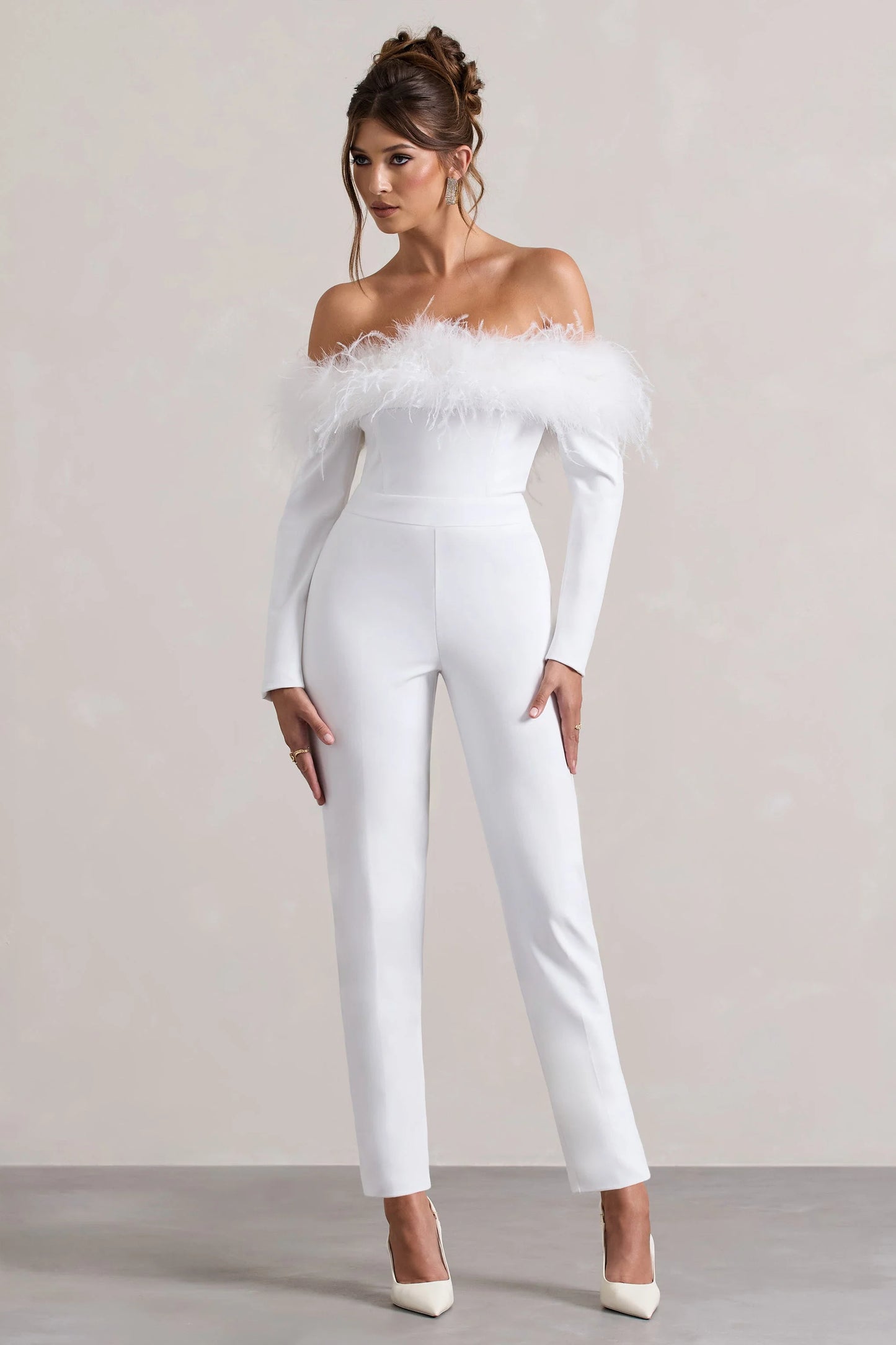 Ales | White Bardot Tailored Straight-Leg Jumpsuit With Feather Trim