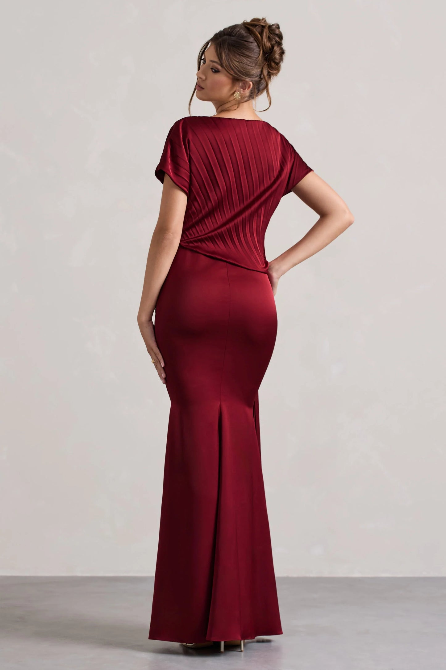 Ambrosia | Berry Satin Pleated Maxi Dress With Drape