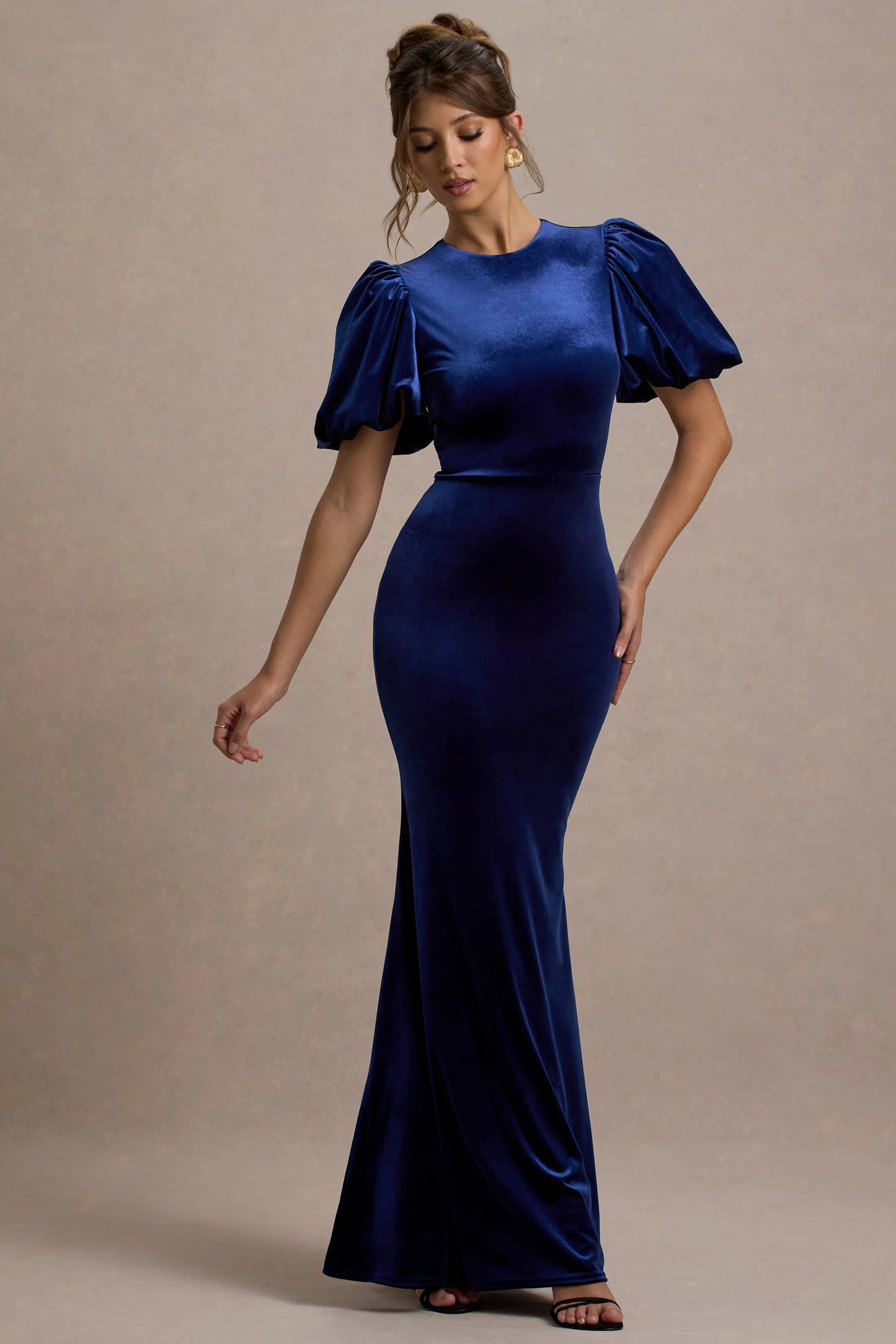 Ashlin | Navy Velvet Puff-Sleeve Maxi Dress