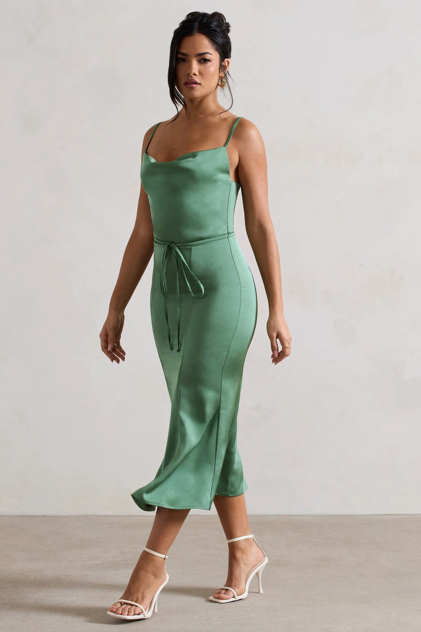 Just A Moment | Soft Green Satin Cowl-Neck Midi Dress With Tie Waist