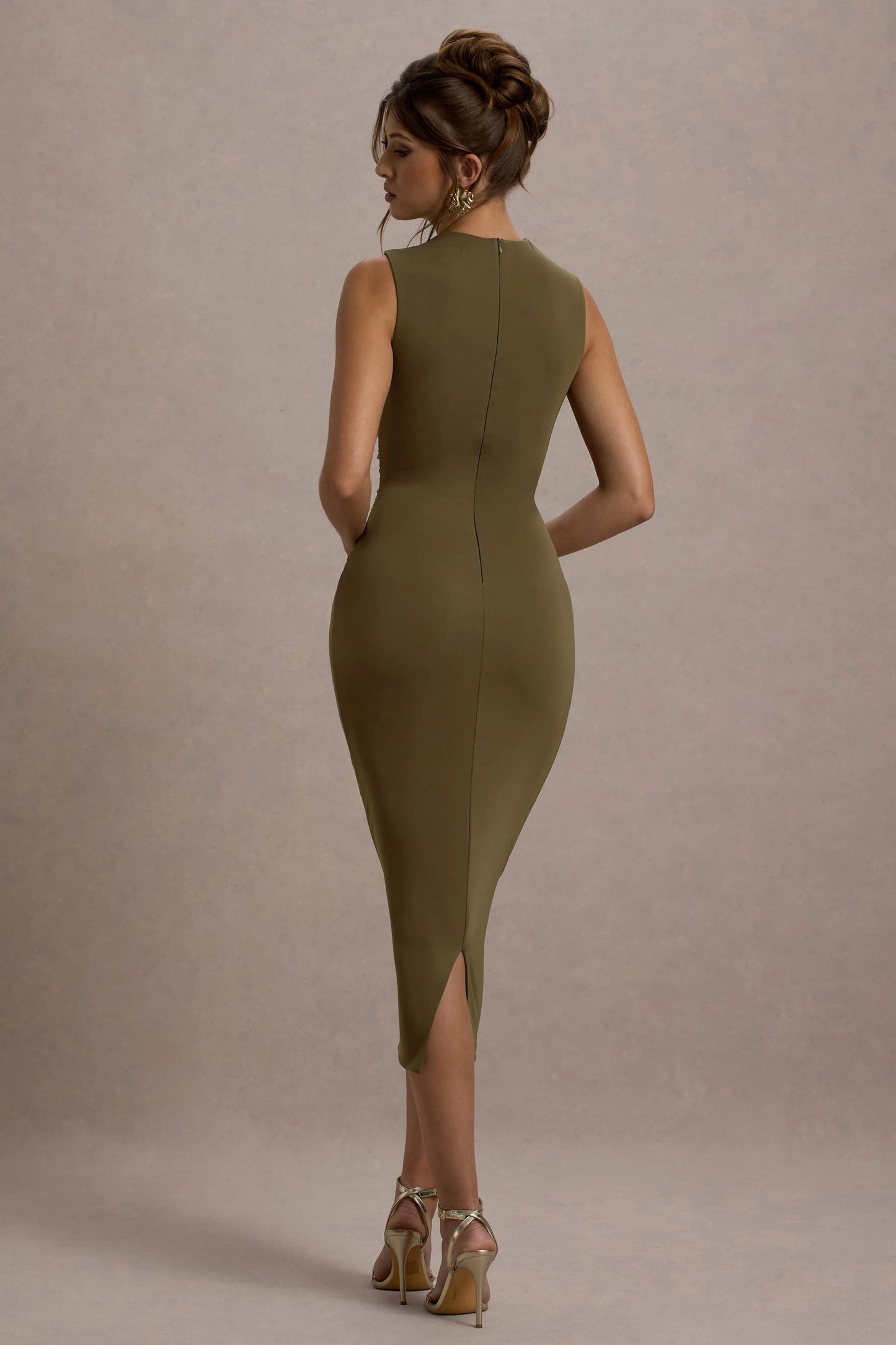 Jemma | Khaki Bodycon Ruched Midi Dress