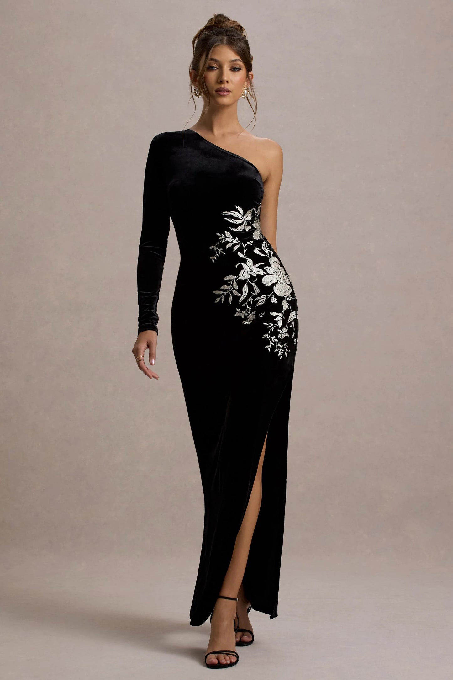 Chance | Black Embroidered Velvet One-Sleeve Maxi Dress