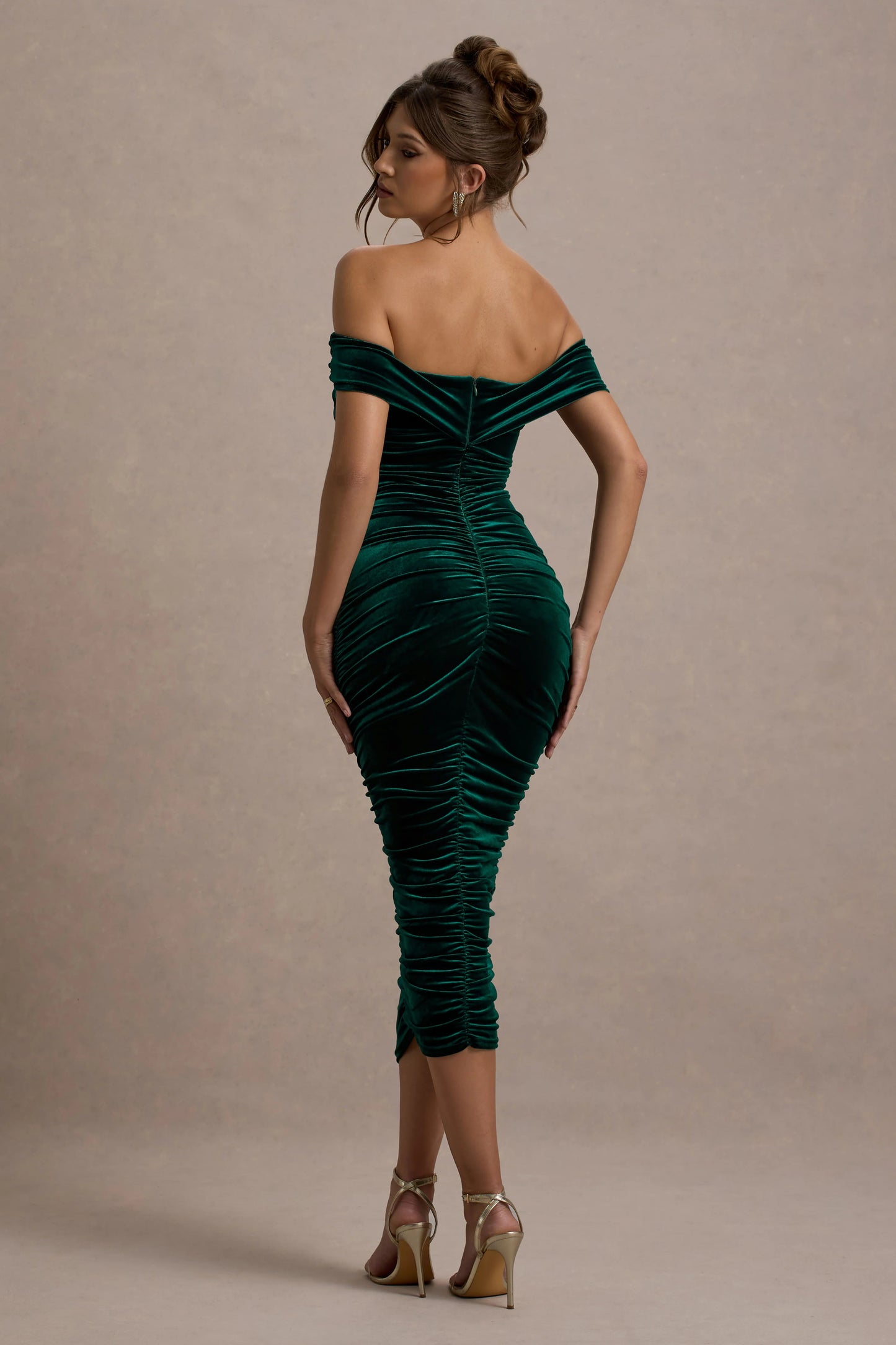 Gratitude | Bottle Green Velvet Off The Shoulder Ruched Midi Dress