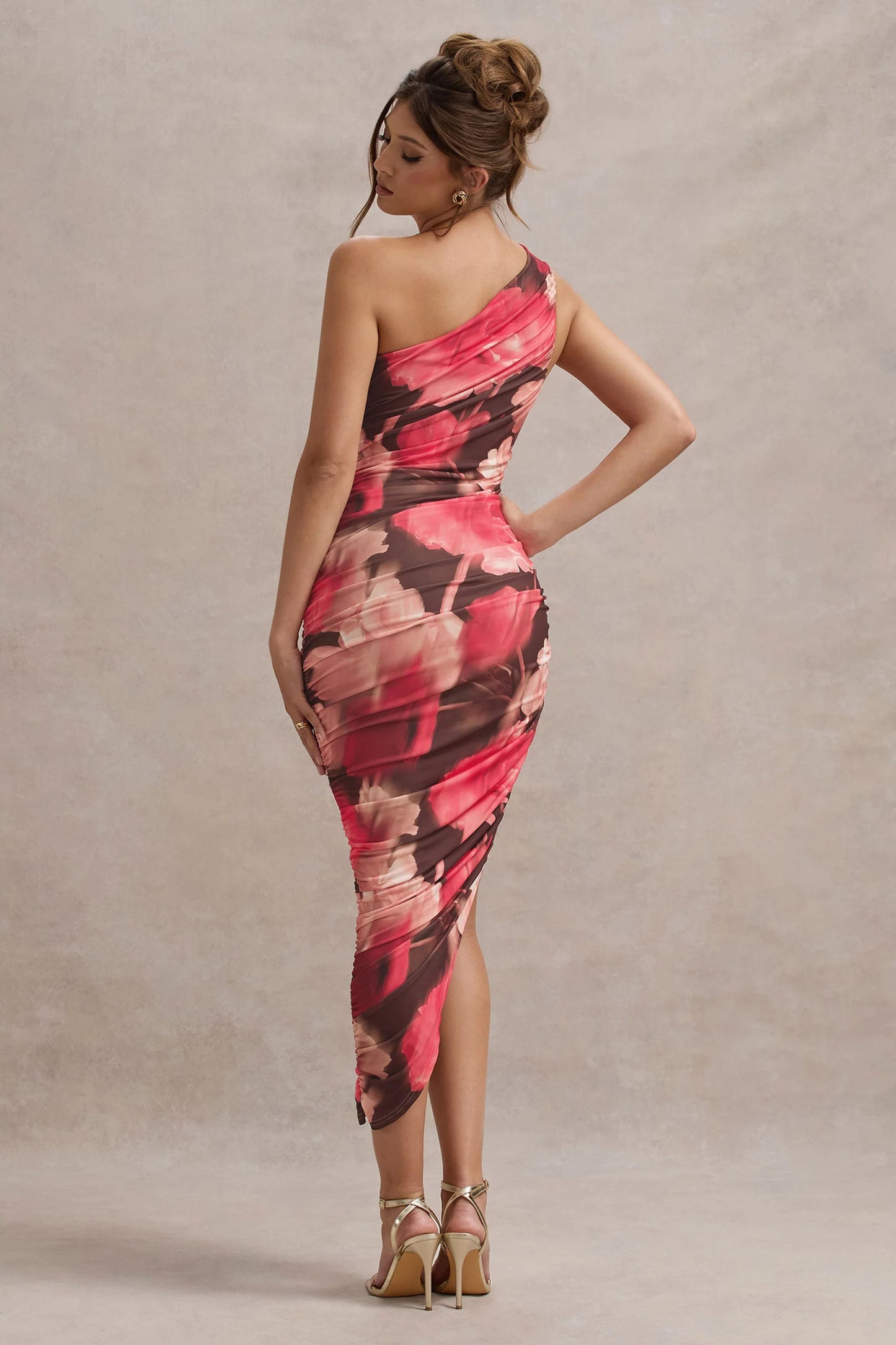 Dorit | Red Floral Print One Shoulder Asymmetric Ruched Midi Dress