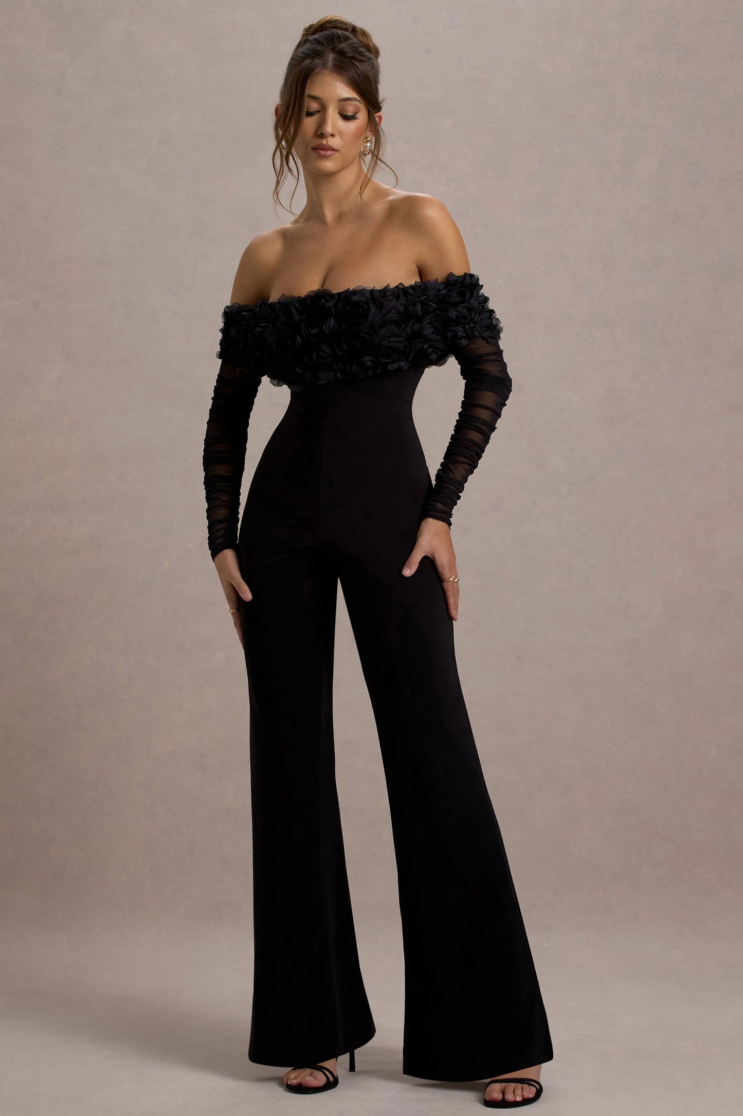 Celebrate | Black Bardot Long-Sleeved Flared-Leg Jumpsuit With Flowers