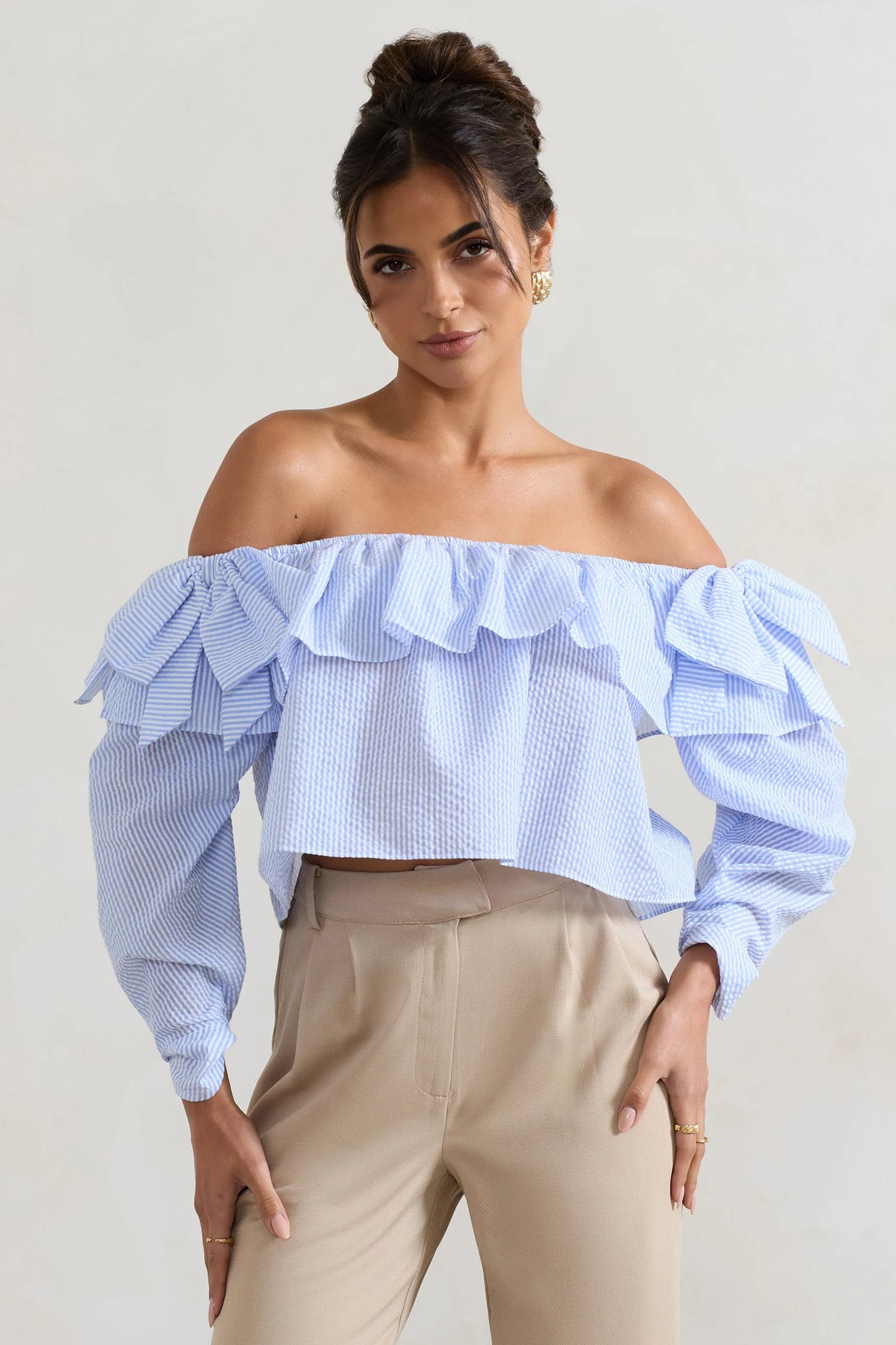 Harbour | Blue Pinstripe Bardot Puff-Sleeve Top With Bows