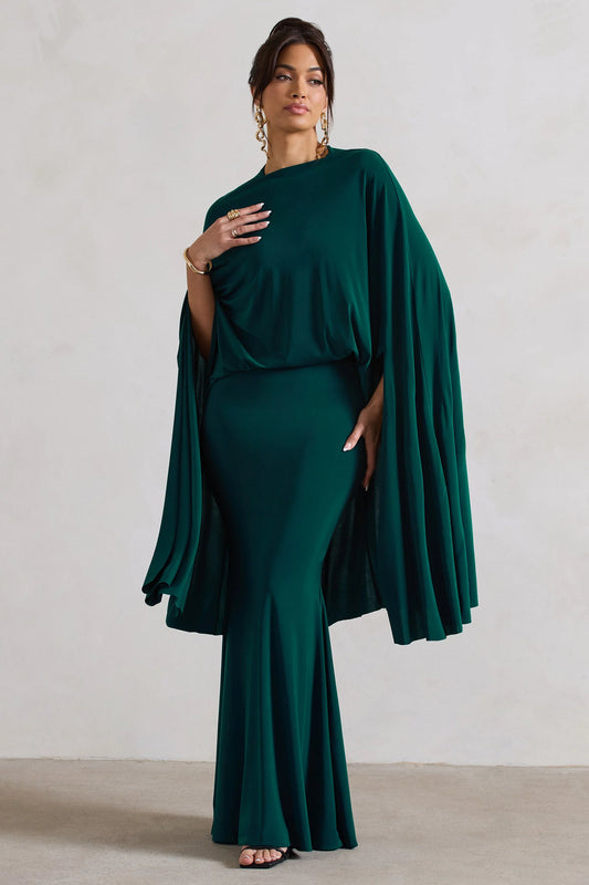 Charmaine | Bottle Green High-Neck Maxi Dress With Cape