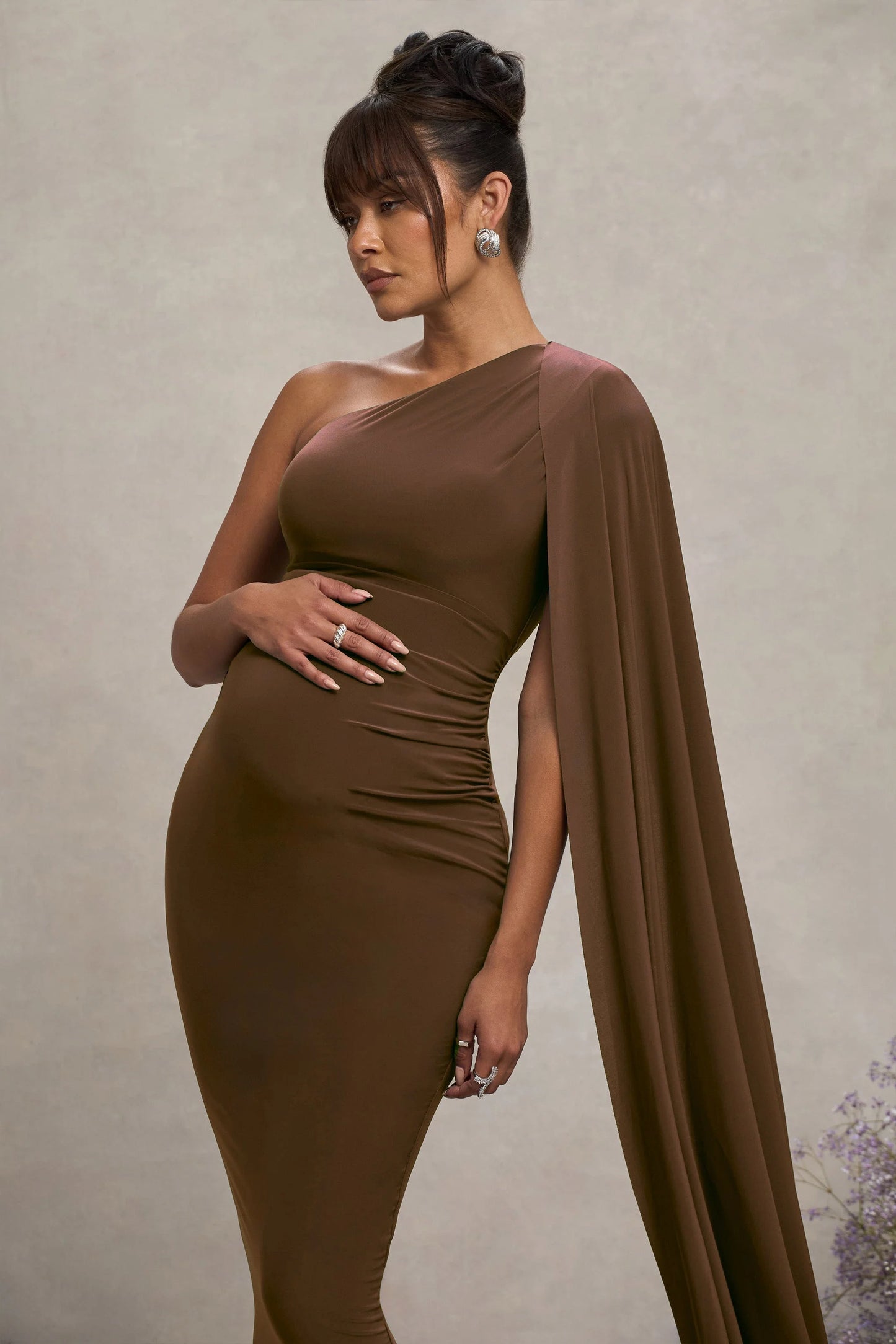 Amaryllis | Chocolate Maternity One Shoulder Maxi Dress with Cape Sleeve