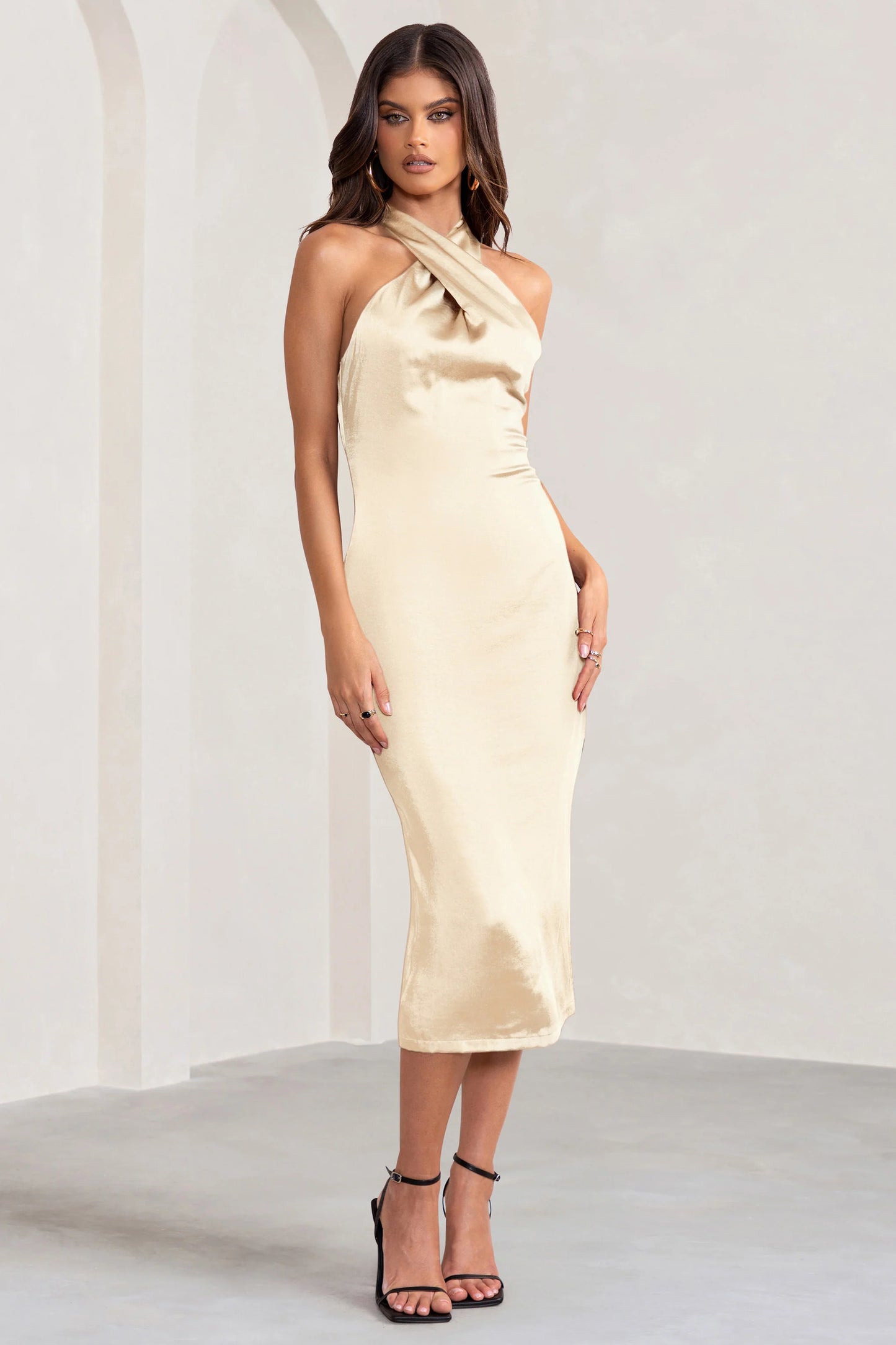 Dazzling | Champagne Satin Cross Over Halter Neck Midi Dress