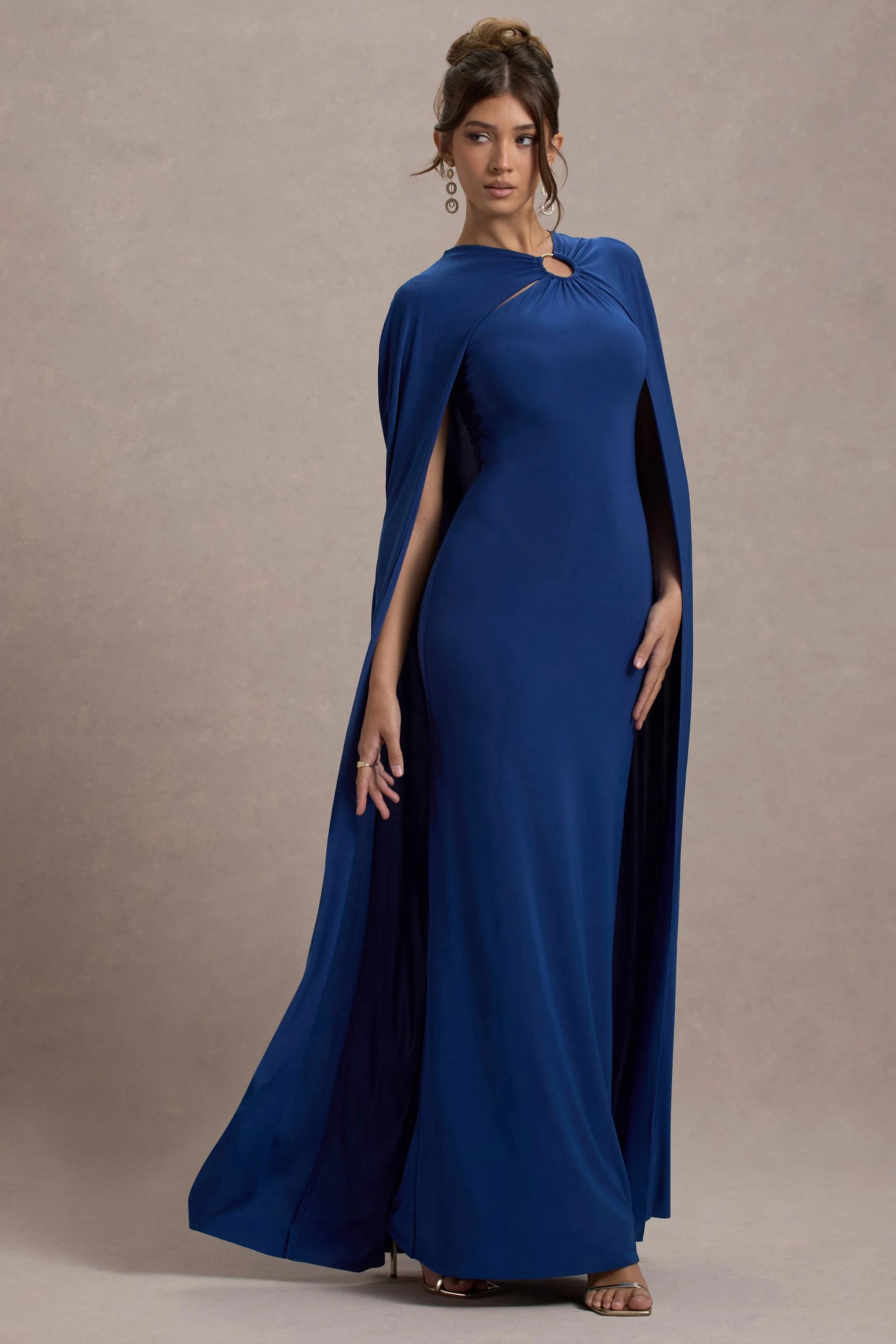 Aliza | Royal Blue Cape Maxi Dress With Gold Ring