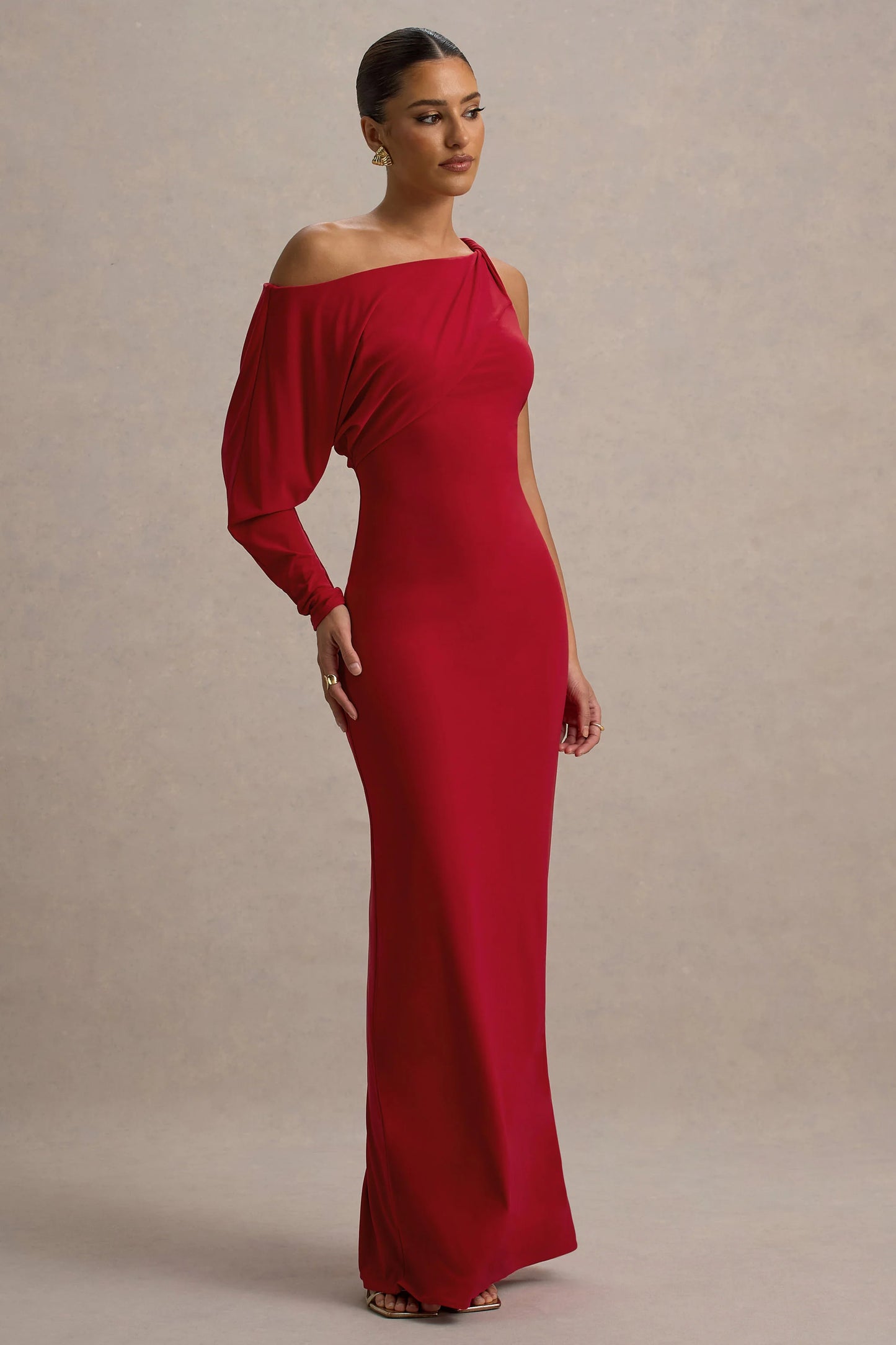 Floria | Red Draped One-Sleeve Maxi Dress