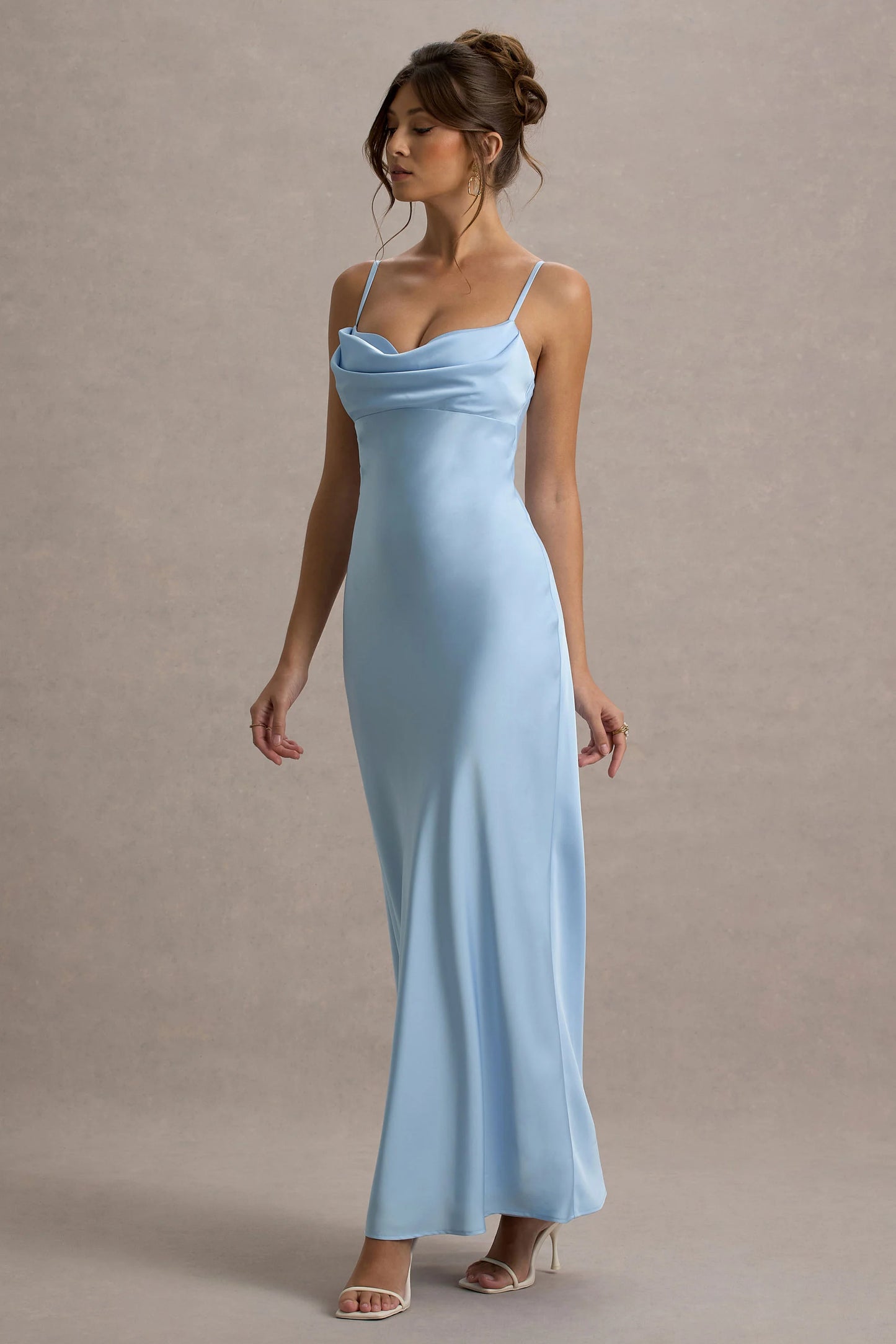 Eimear | Powder Blue Satin Draped Sweetheart Maxi Dress