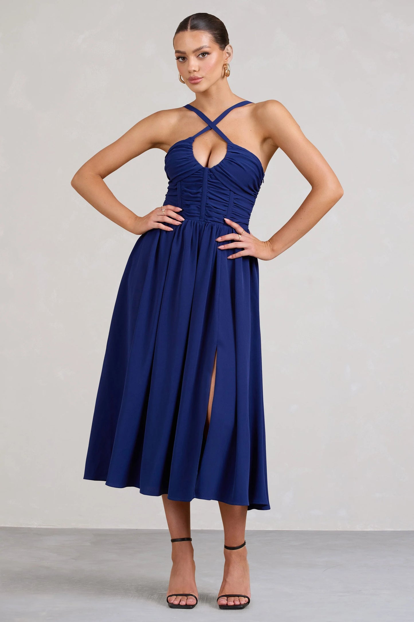 Lady Loren | Navy Ruched Cross-Strap Split Midi Dress