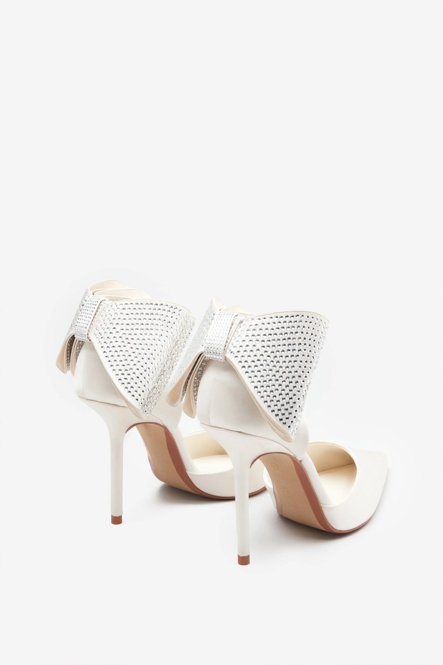 Flashing Lights | Ivory Satin Pointed Court Heels With Diamante Bows