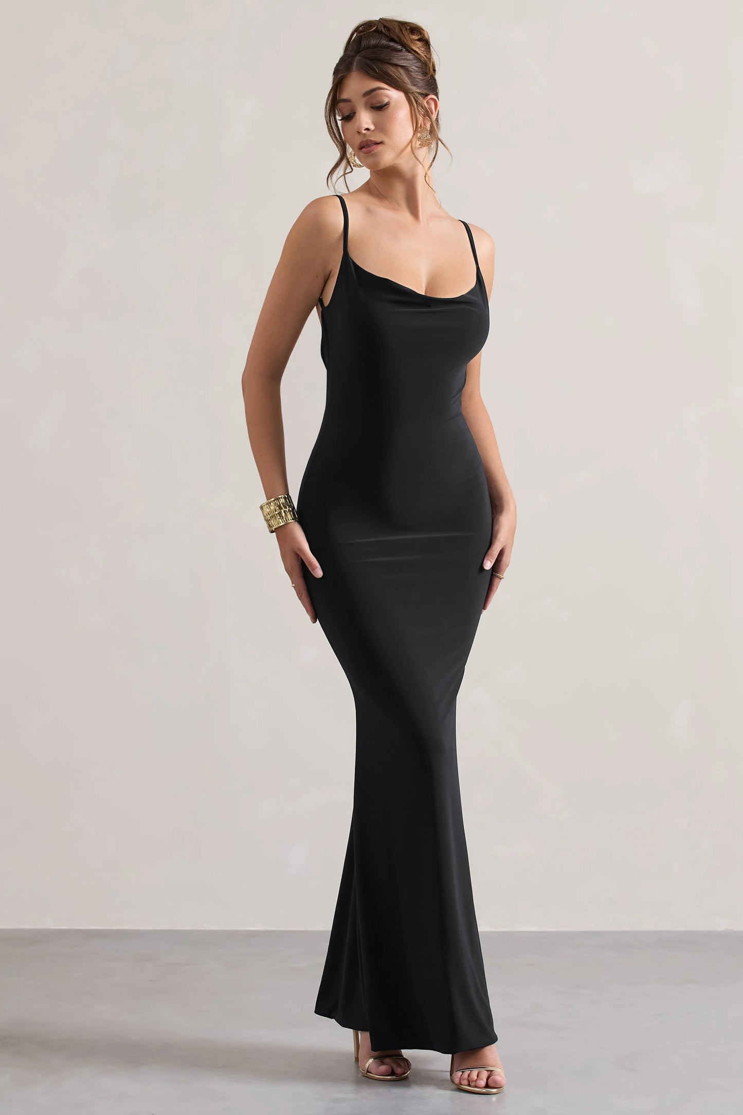 Francoise | Black Cowl Neck Backless Maxi Dress With Lace Insert