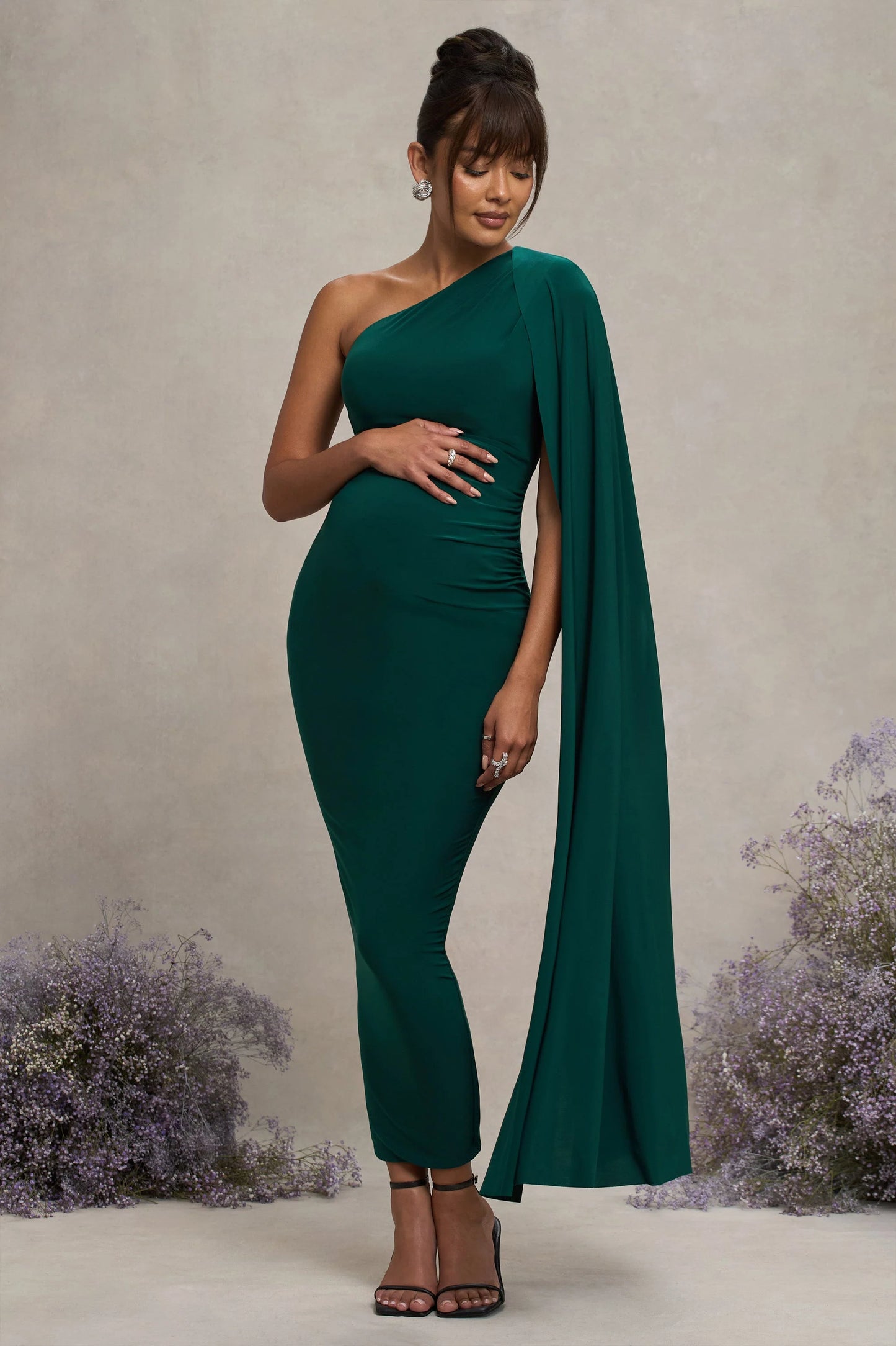 Amaryllis | Bottle Green Maternity One Shoulder Maxi Dress with Cape Sleeve