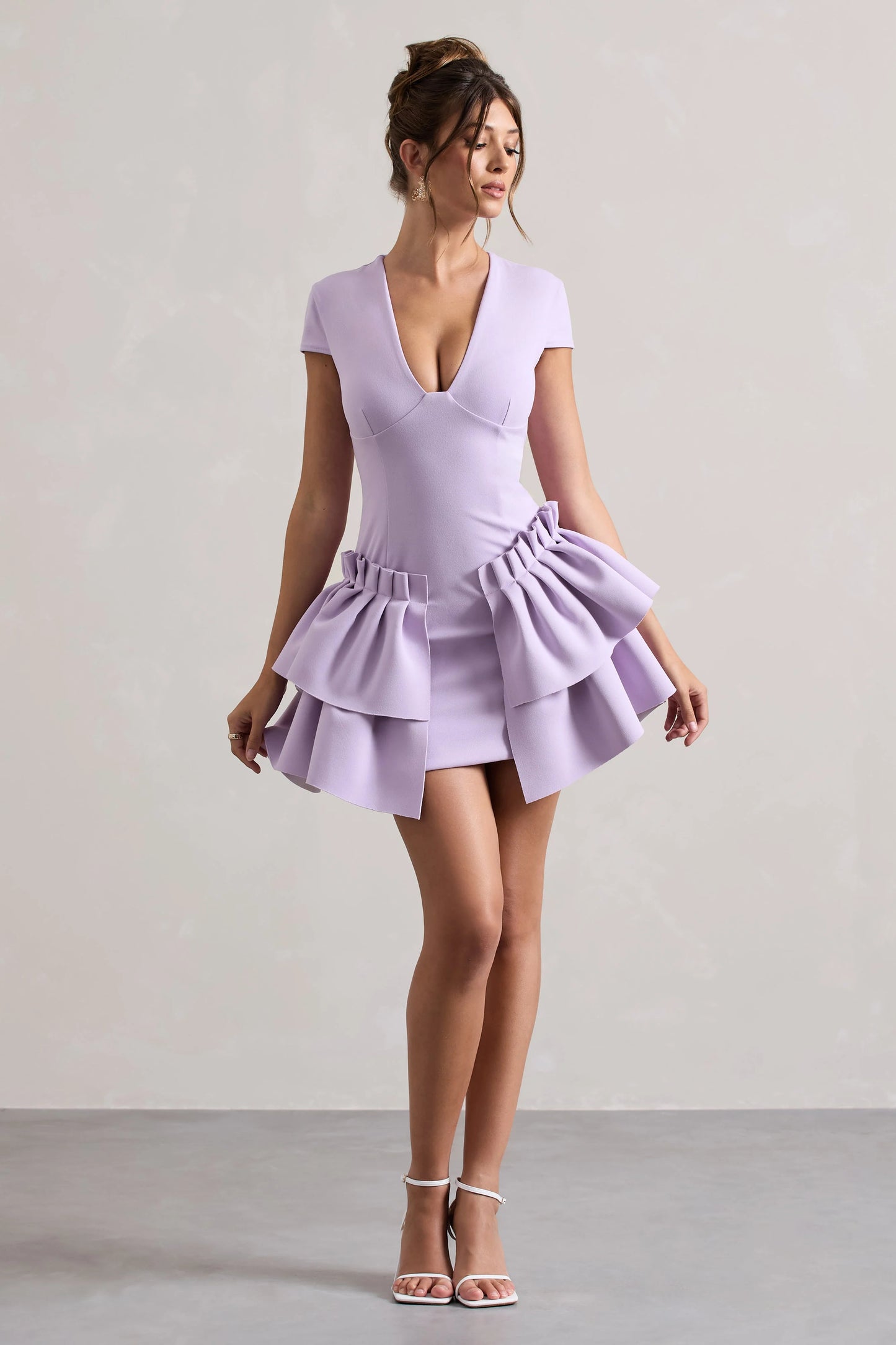 Genevieve | Lilac Plunge-Neck Mini Dress With Layered Hem