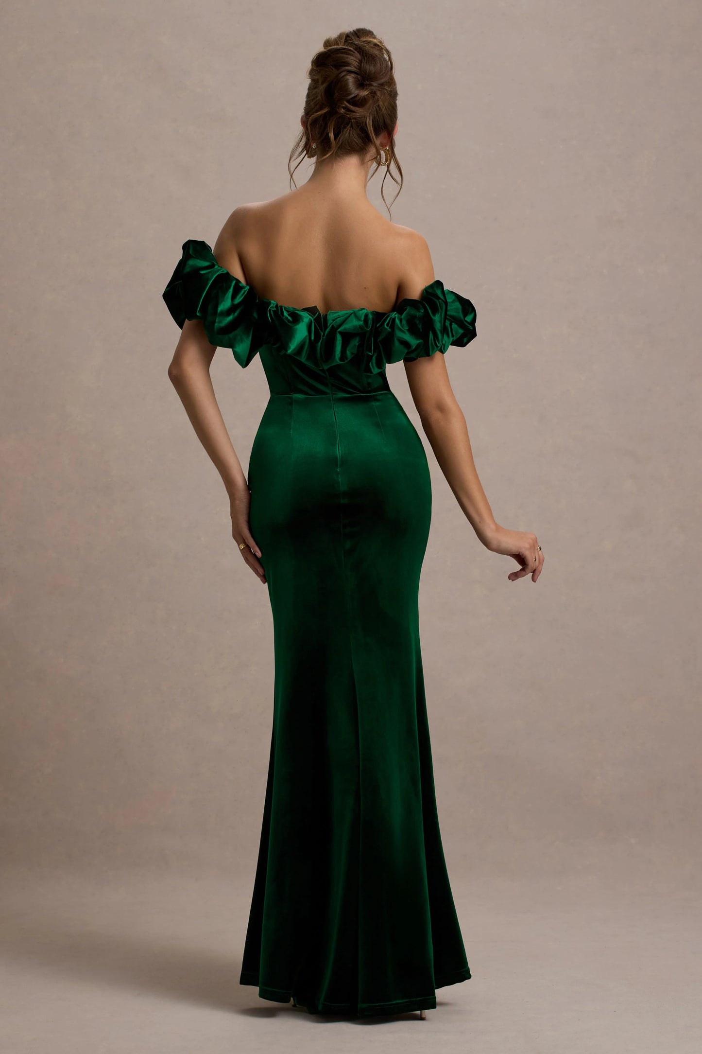 Esmeralda | Bottle Green Velvet Structured Ruffled Bardot Maxi Dress