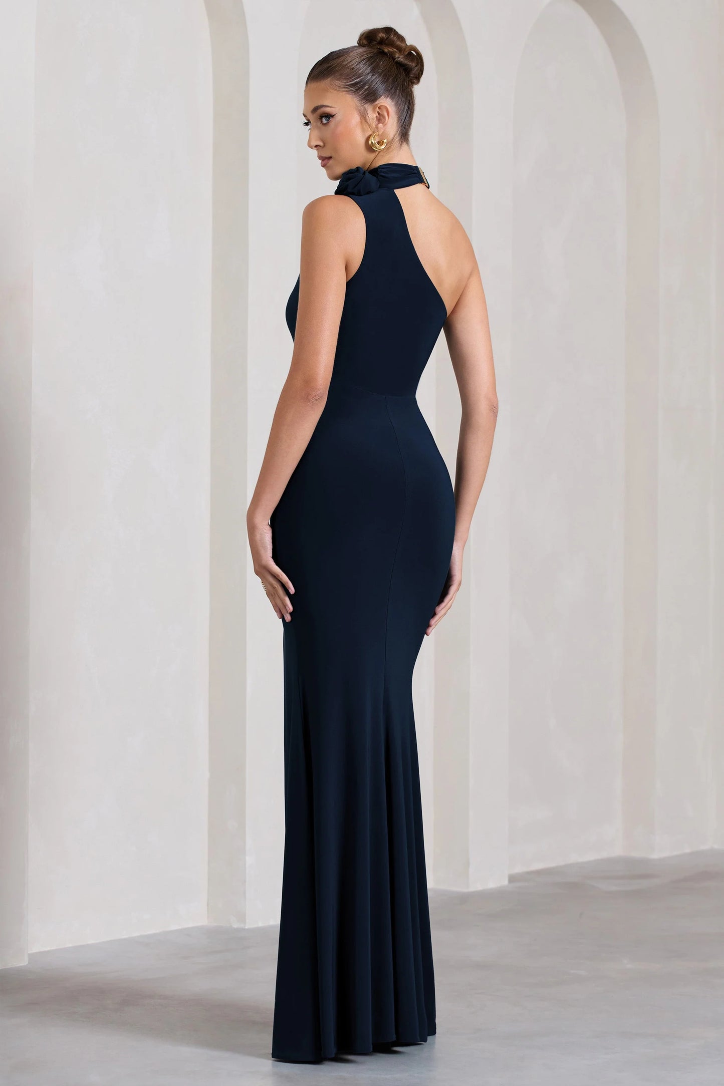 In Suspense | Navy One Shoulder Halter-Neck Split Maxi Dress With Flower