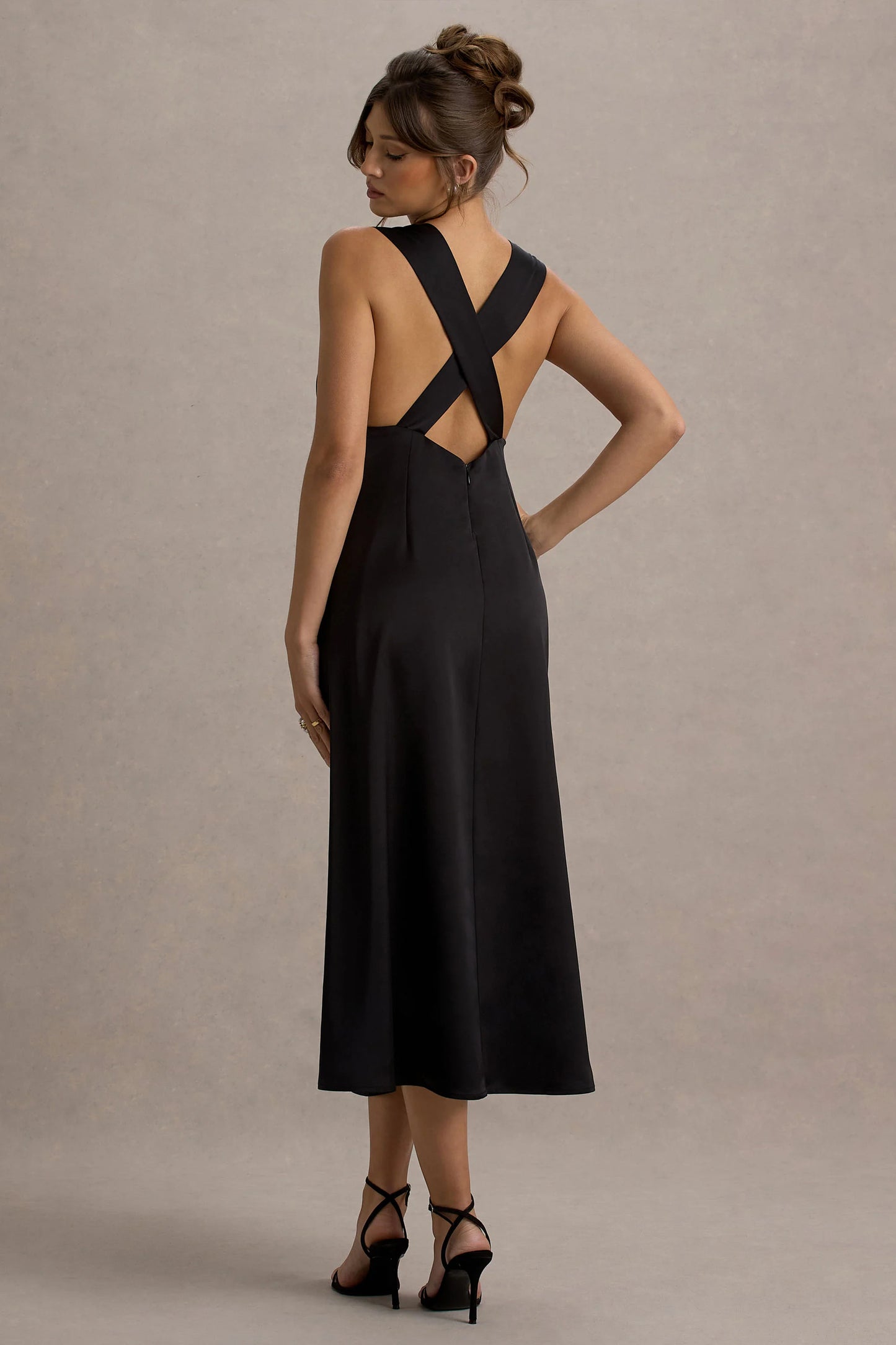 Beck | Black Satin Plunge-Neck Cross-Back Midi Dress