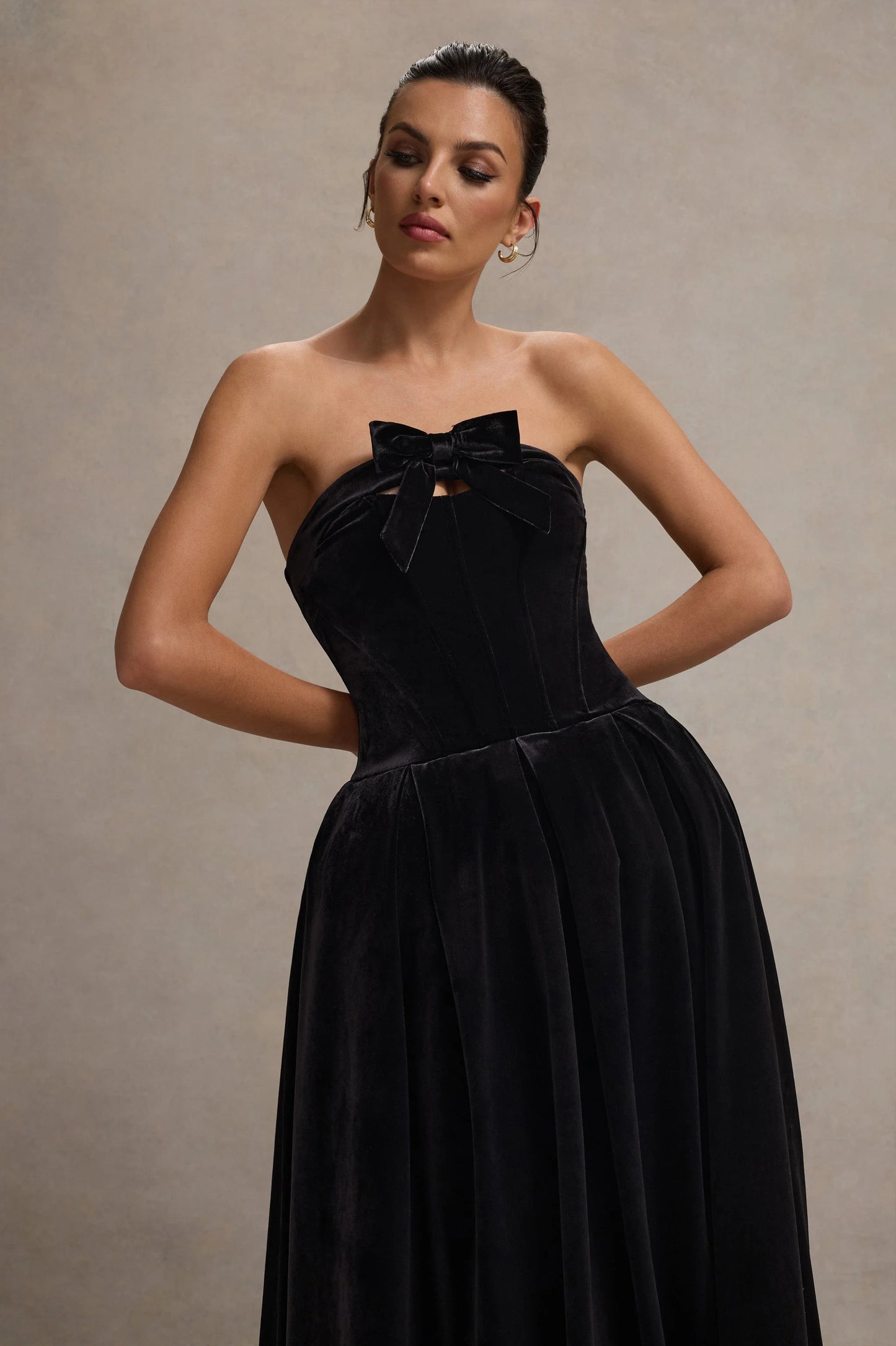 Hepburn | Black Velvet Bandeau Midi Dress With Bow