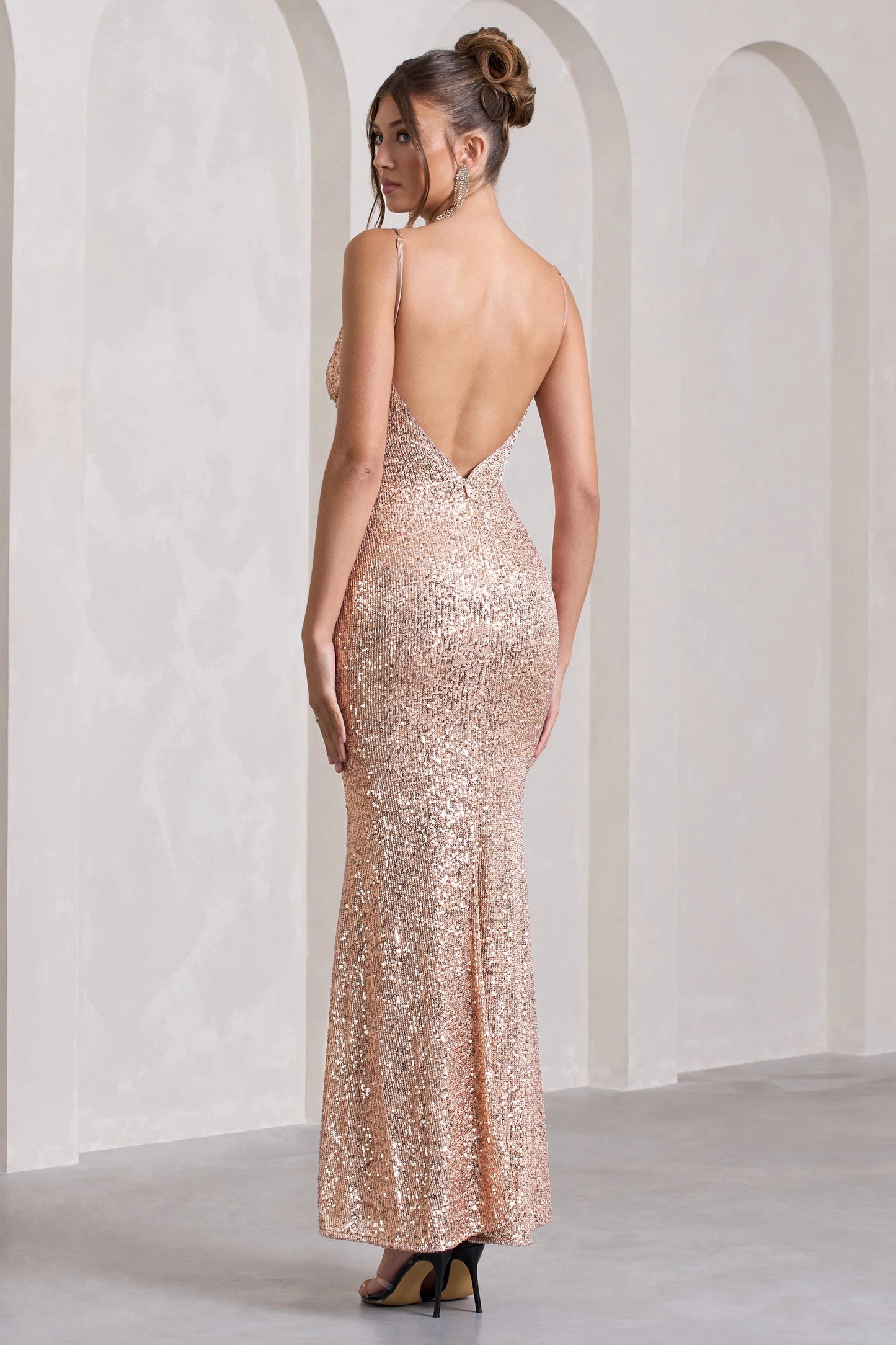 Enchanting | Champagne Sequin Open-Back Maxi Dress With Split