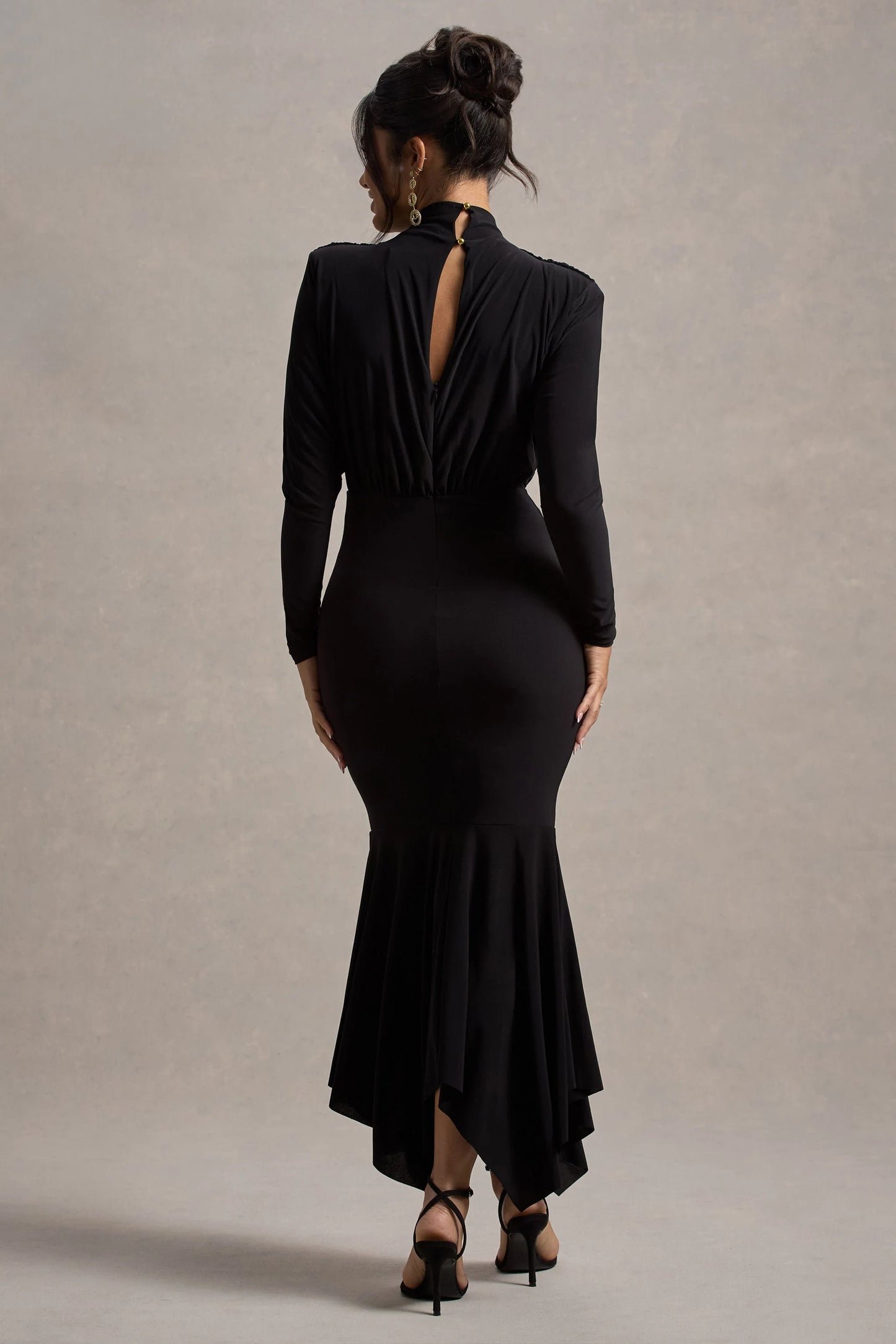 Carla | Black High-Neck Maxi Dress With Draped Hem