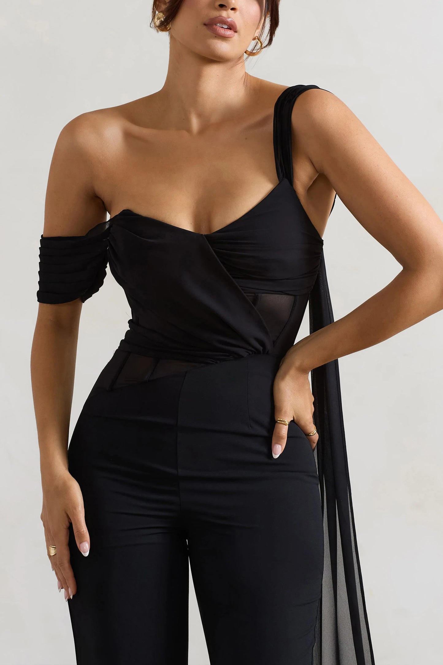 Fatale | Black Draped-Sleeve Corseted Jumpsuit With Sash