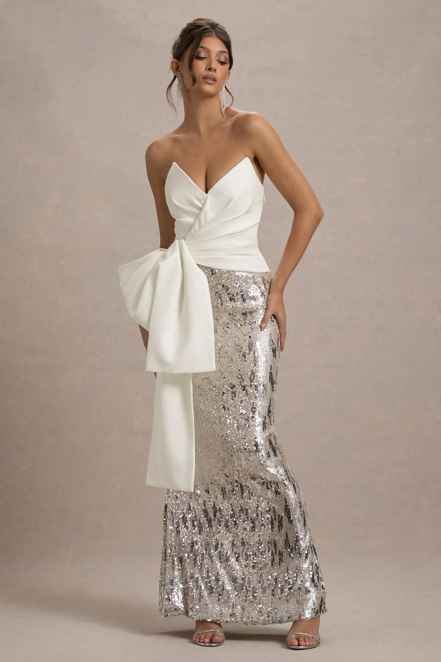 Ceres | Ecru Strapless Draped Maxi Dress With Sequin Skirt