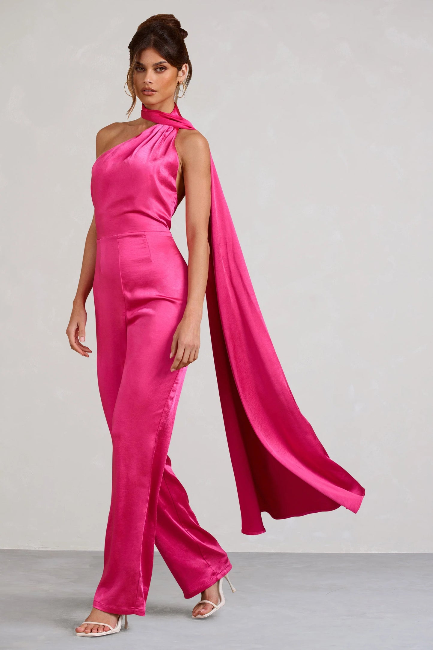 Cascada | Hot Pink Satin Wide Leg Jumpsuit With Statement Scarf Neck