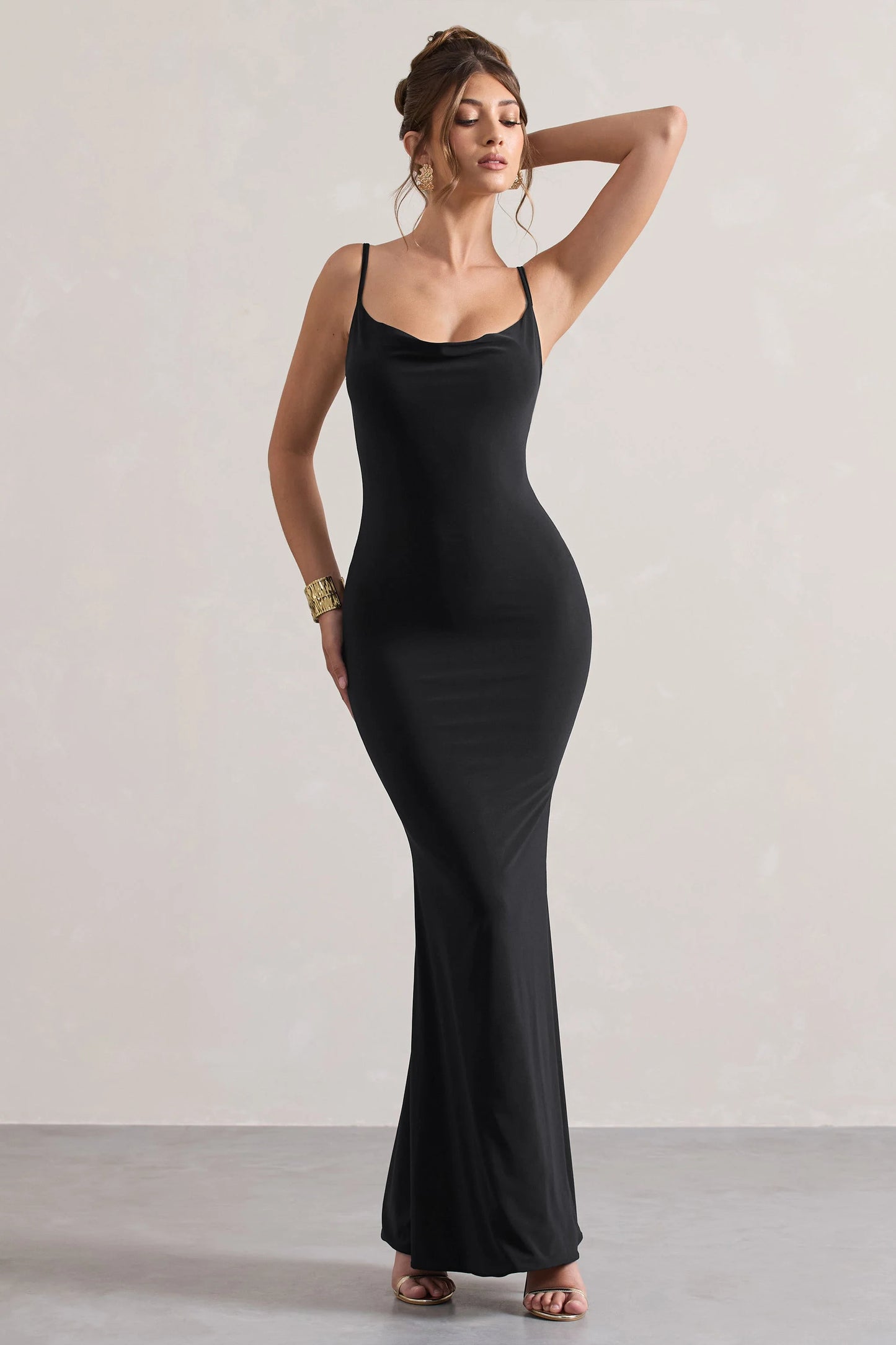 Francoise | Black Cowl Neck Backless Maxi Dress With Lace Insert