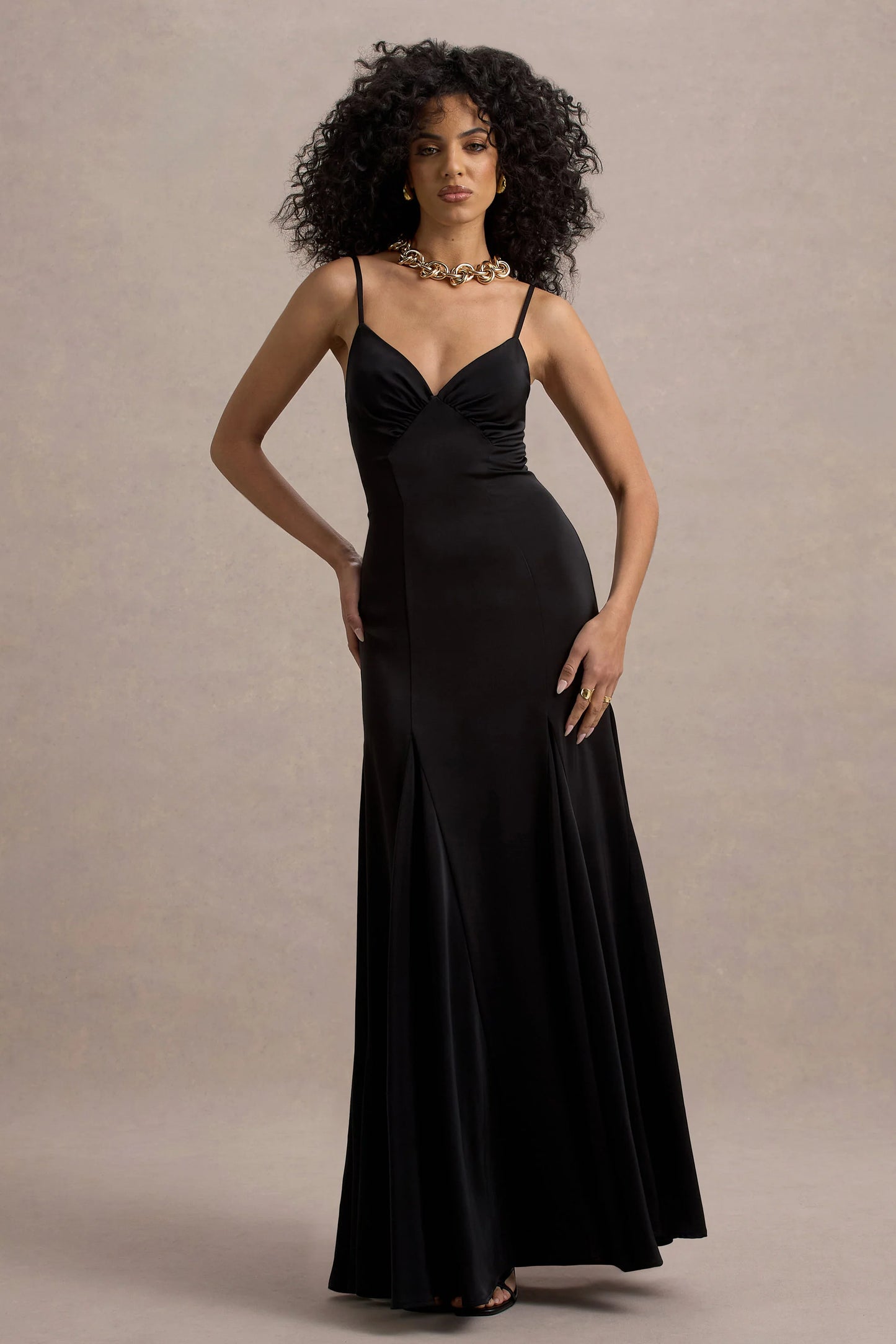 Ashly | Black Satin Maxi Dress With Volume Hem