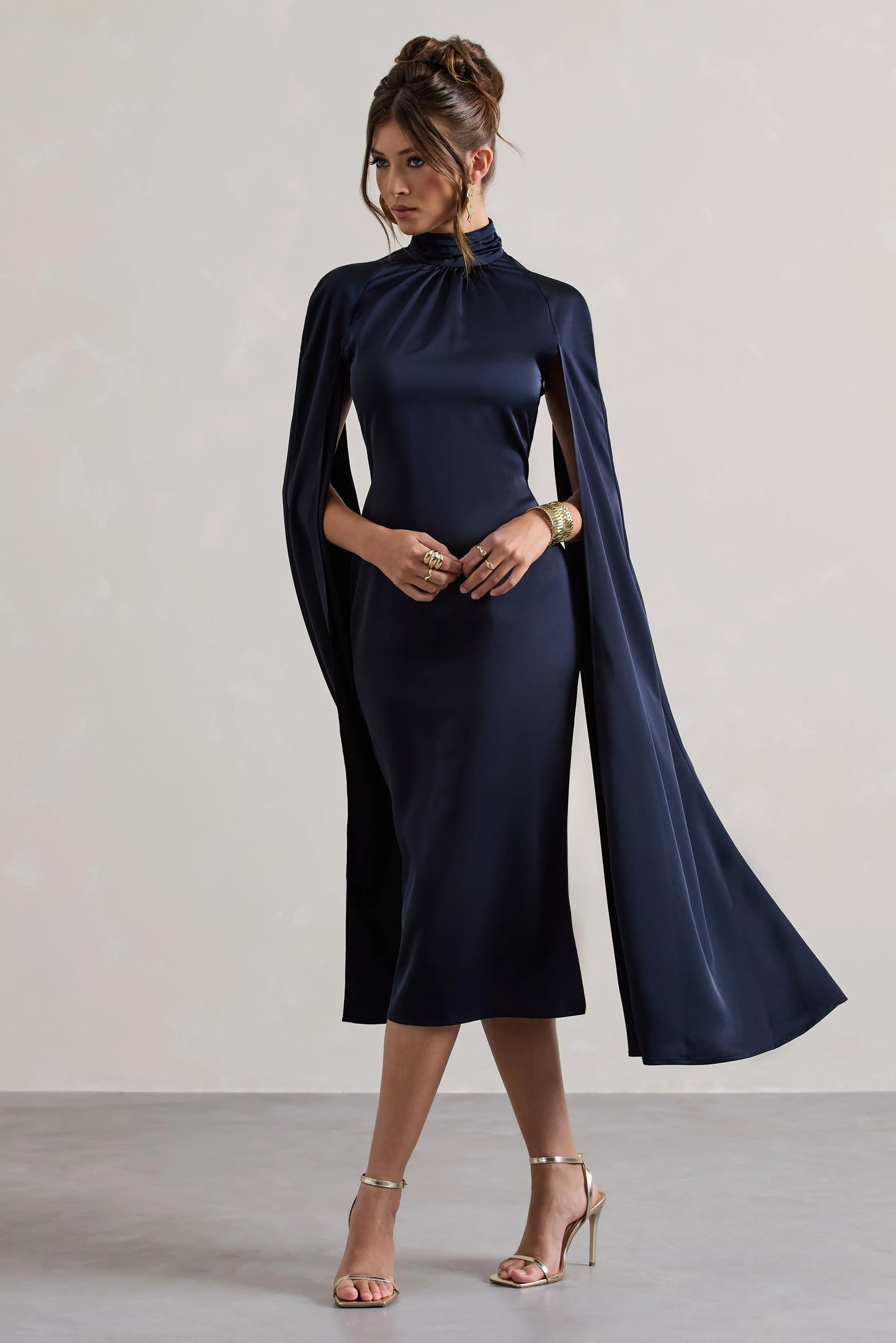 Brogan | Navy Satin High-Neck Midi Dress With Cape Sleeves