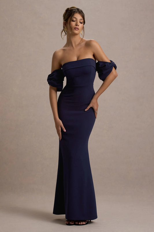 Alaine | Navy Bardot Maxi Dress With Bow Sleeves