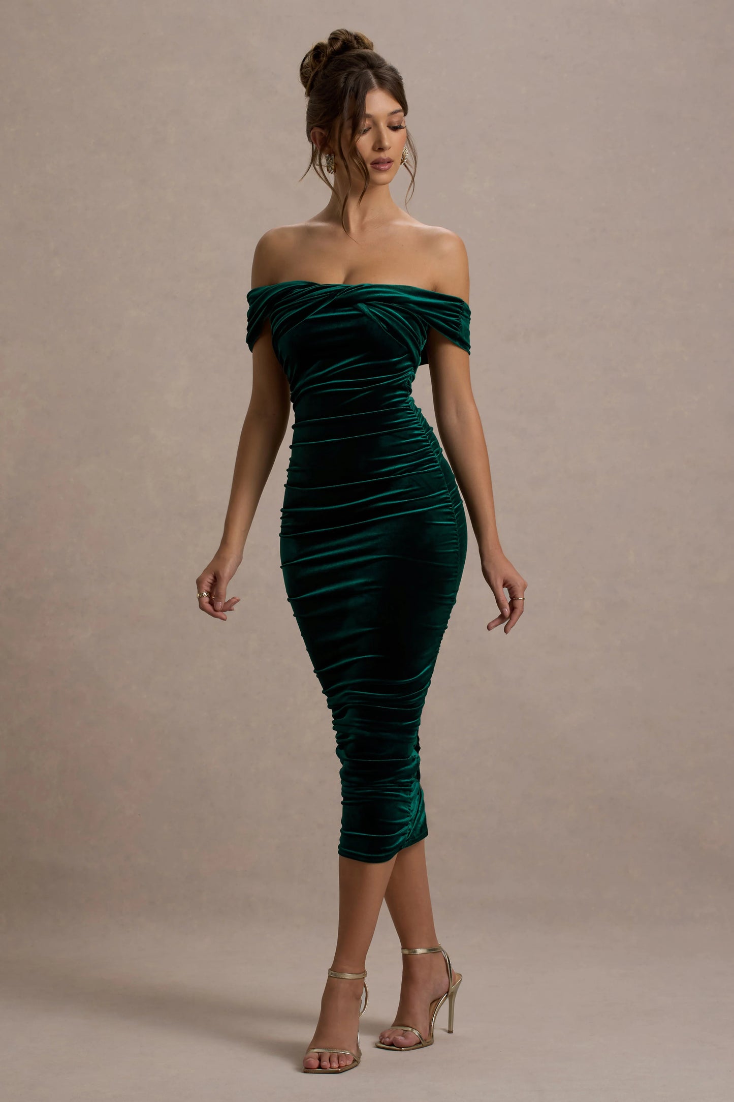 Gratitude | Bottle Green Velvet Off The Shoulder Ruched Midi Dress