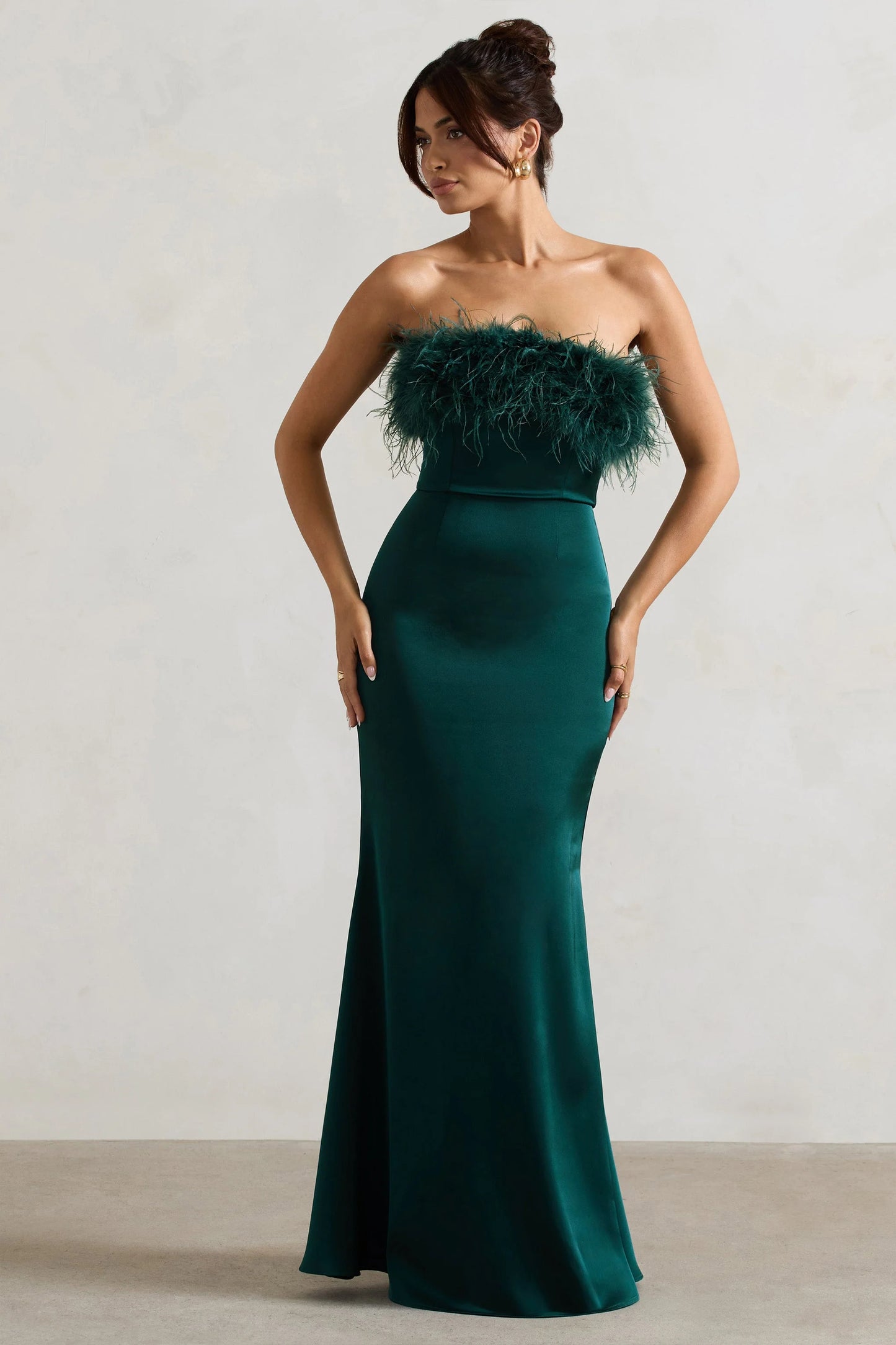 Dress For It | Bottle Green Satin Feather Trim Bandeau Maxi Dress