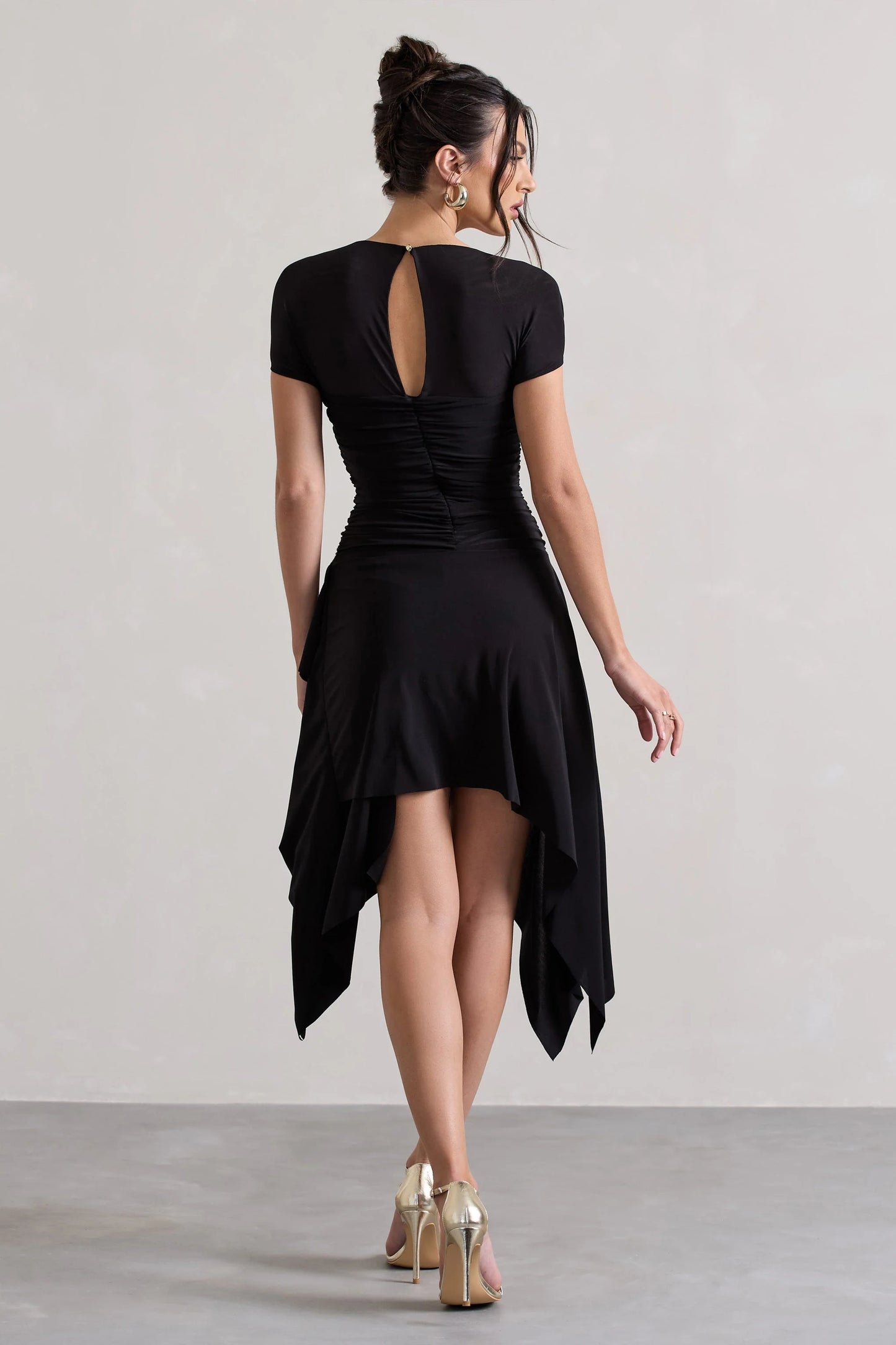 Corsica | Black Gathered Mesh Long-Sleeve Draped Mini Dress