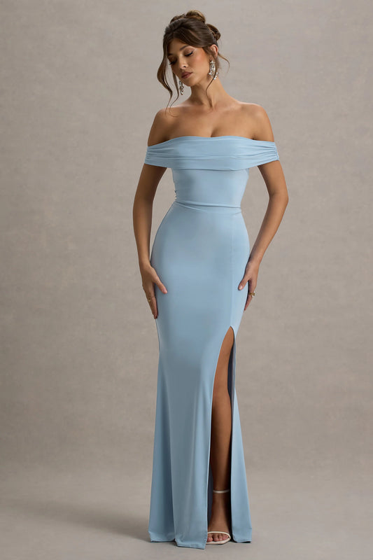 Law of Attraction | Powder Blue Bardot Draped Split Maxi Dress