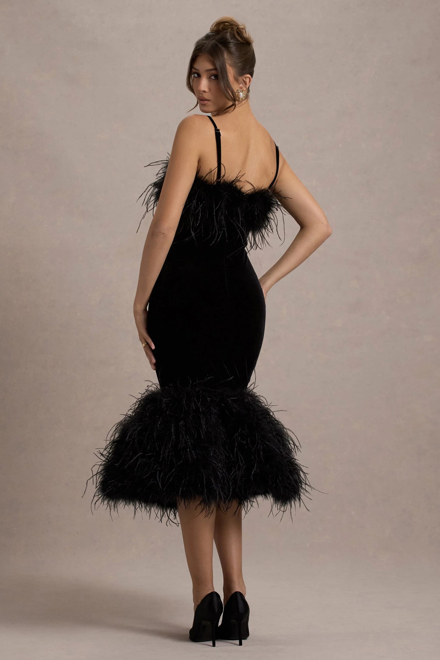 Kalena | Black Velvet Feather Trim Midi Dress