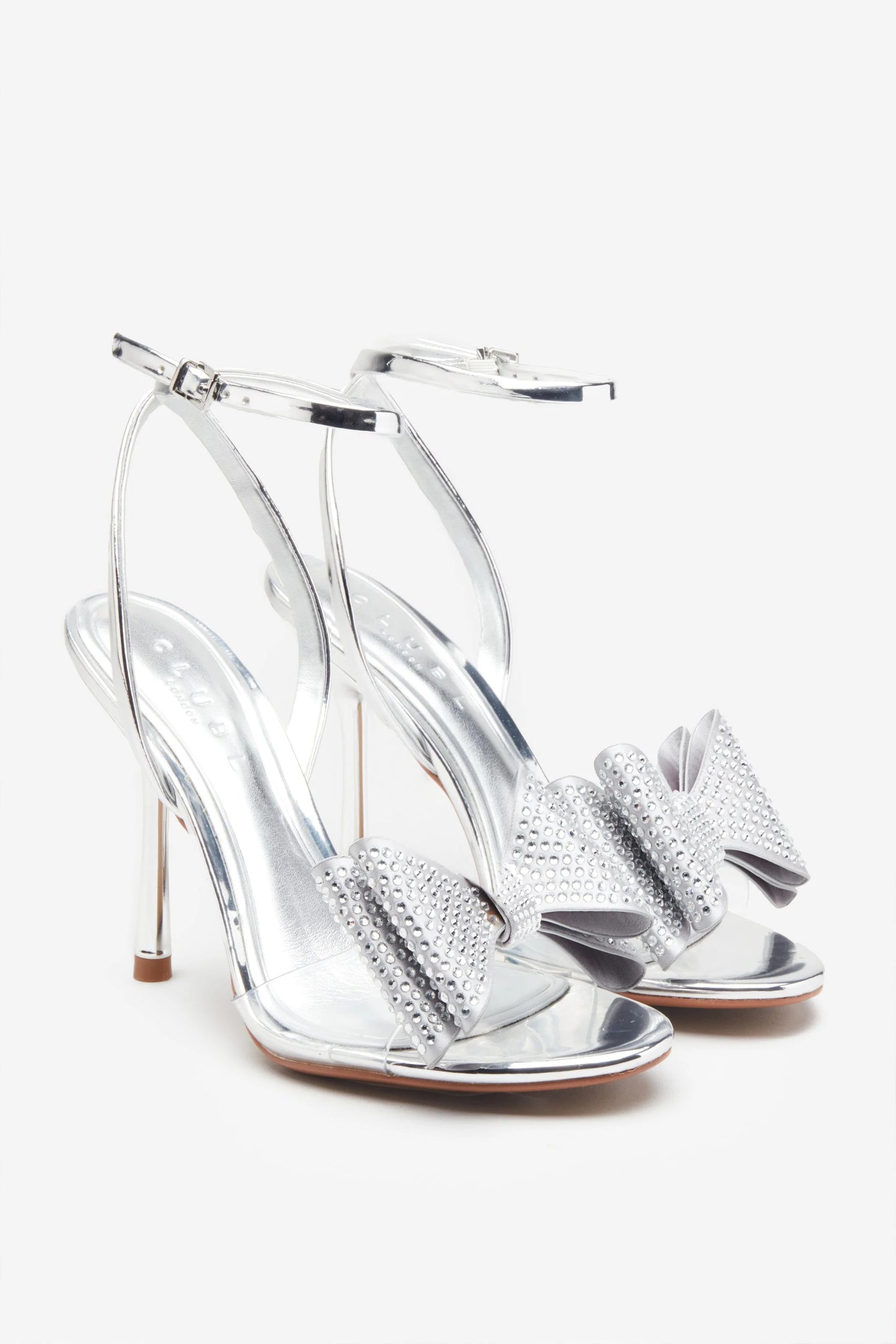 Bowing | Silver Metallic Heeled Sandals With Diamante Bows