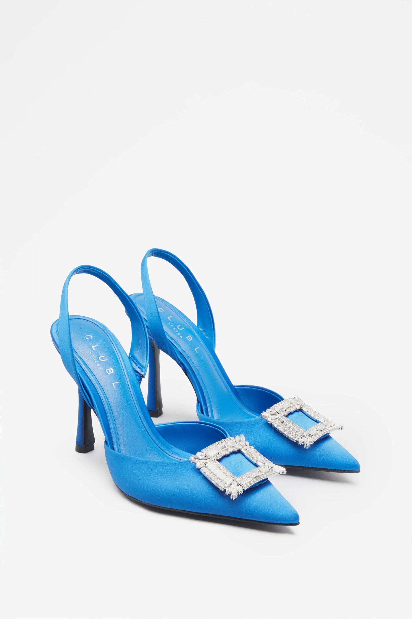 Just A Fling | Blue Satin Sling Back Heels With Diamante Brooches