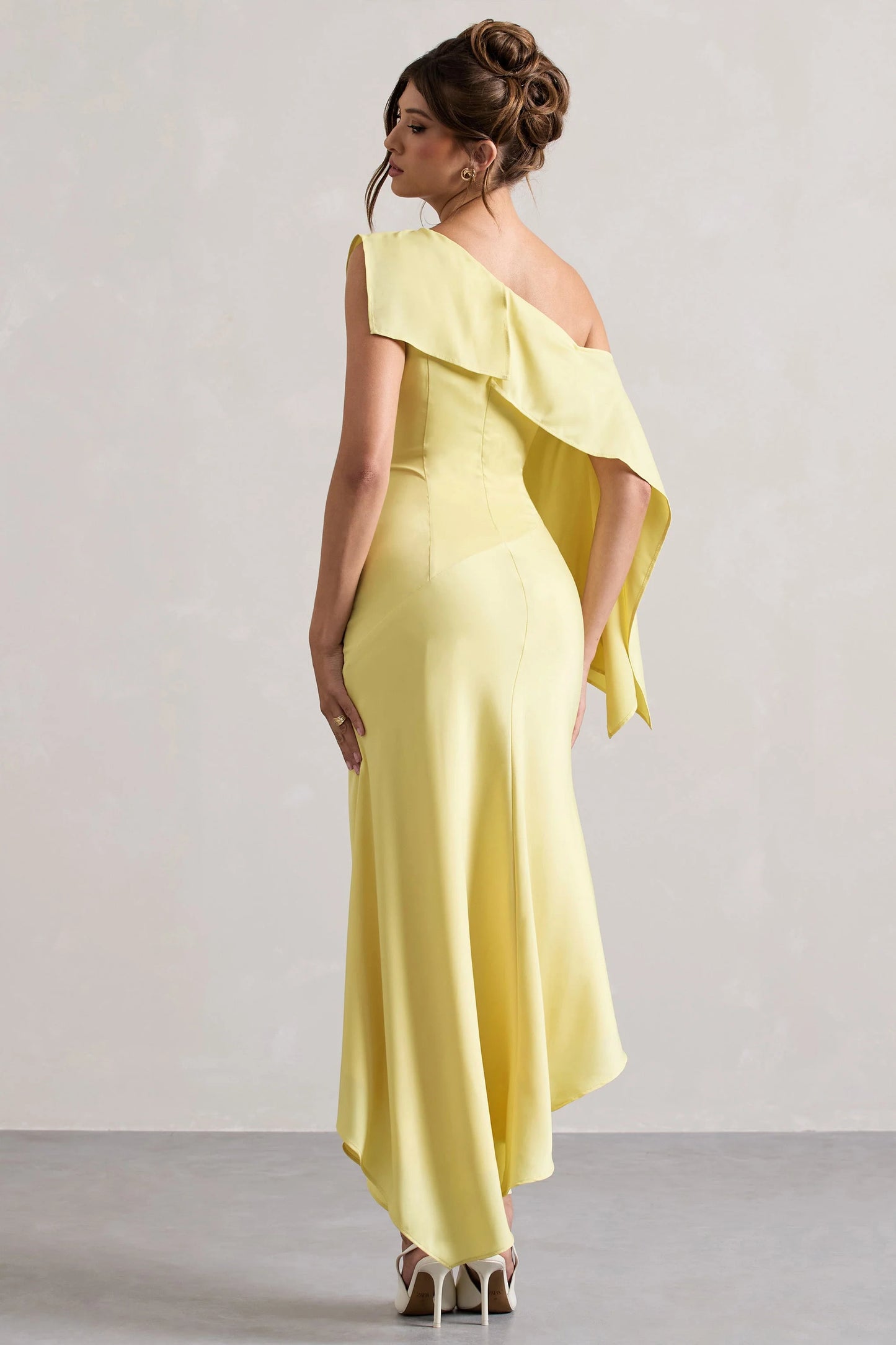 Freesia | Lemon Satin Asymmetric Draped Split Maxi Dress