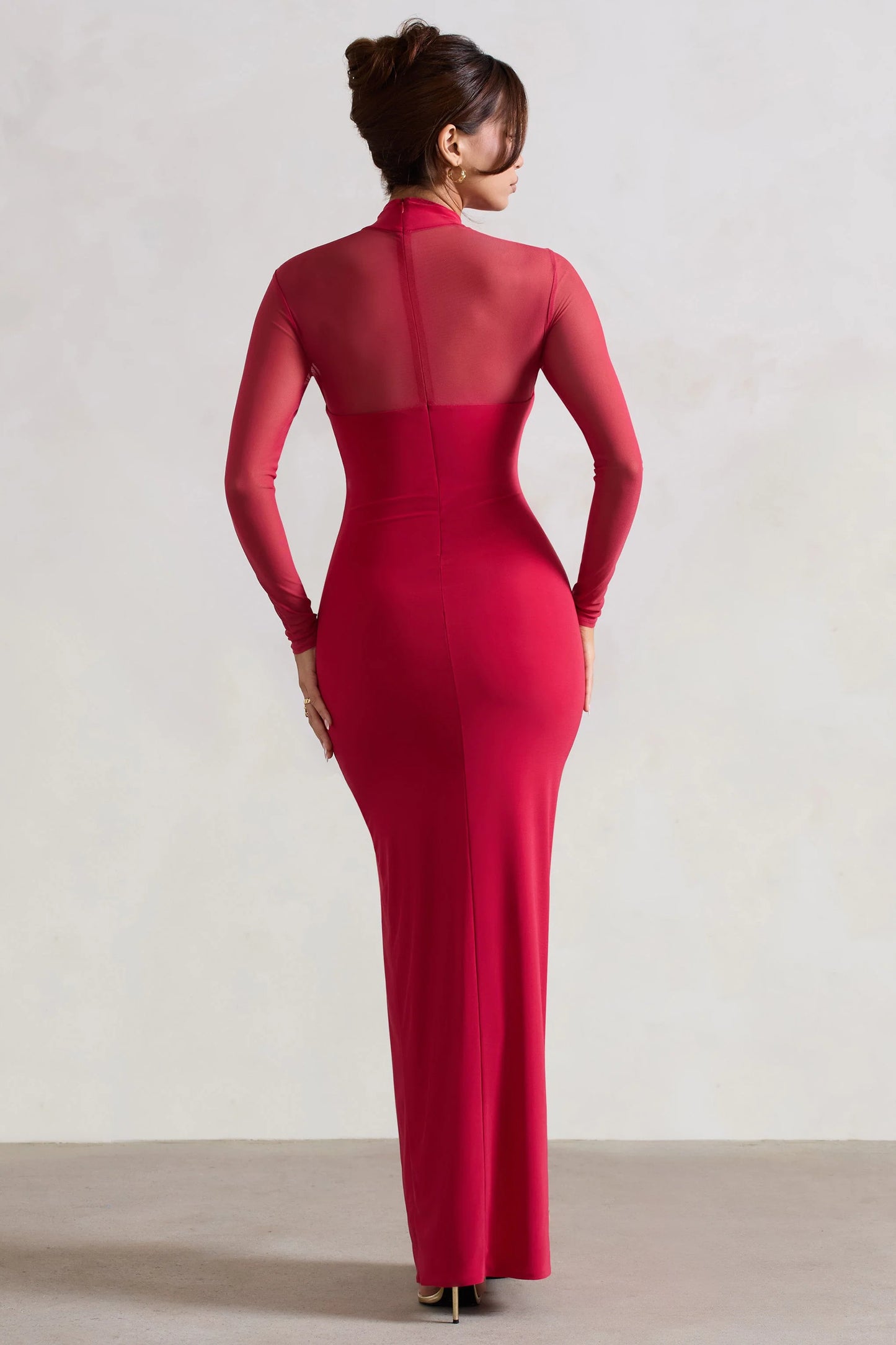 Enchantress | Red High-Neck Split Maxi Dress With Mesh Sleeves