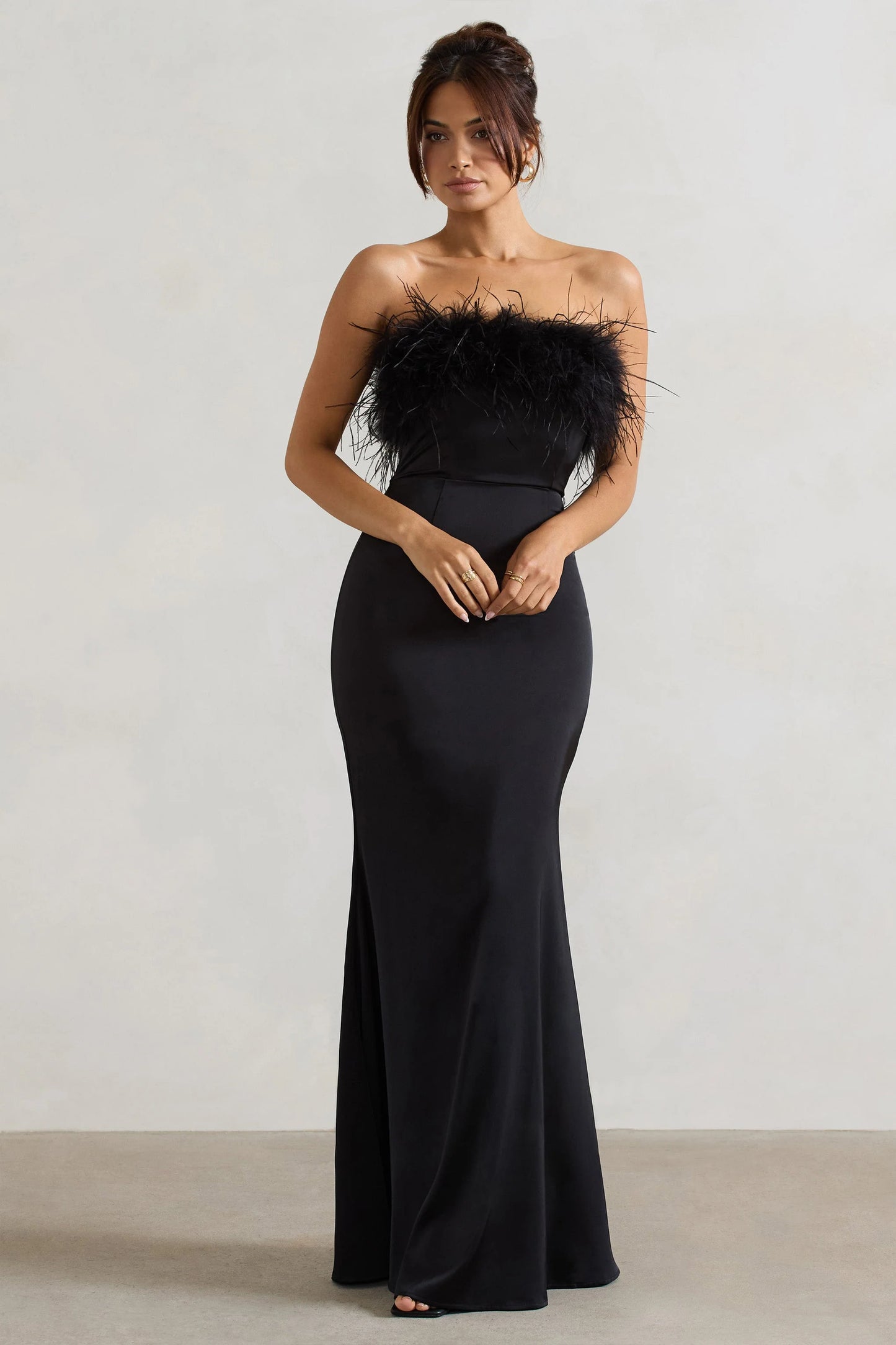 Dress For It | Black Satin Feather Trim Bandeau Maxi Dress