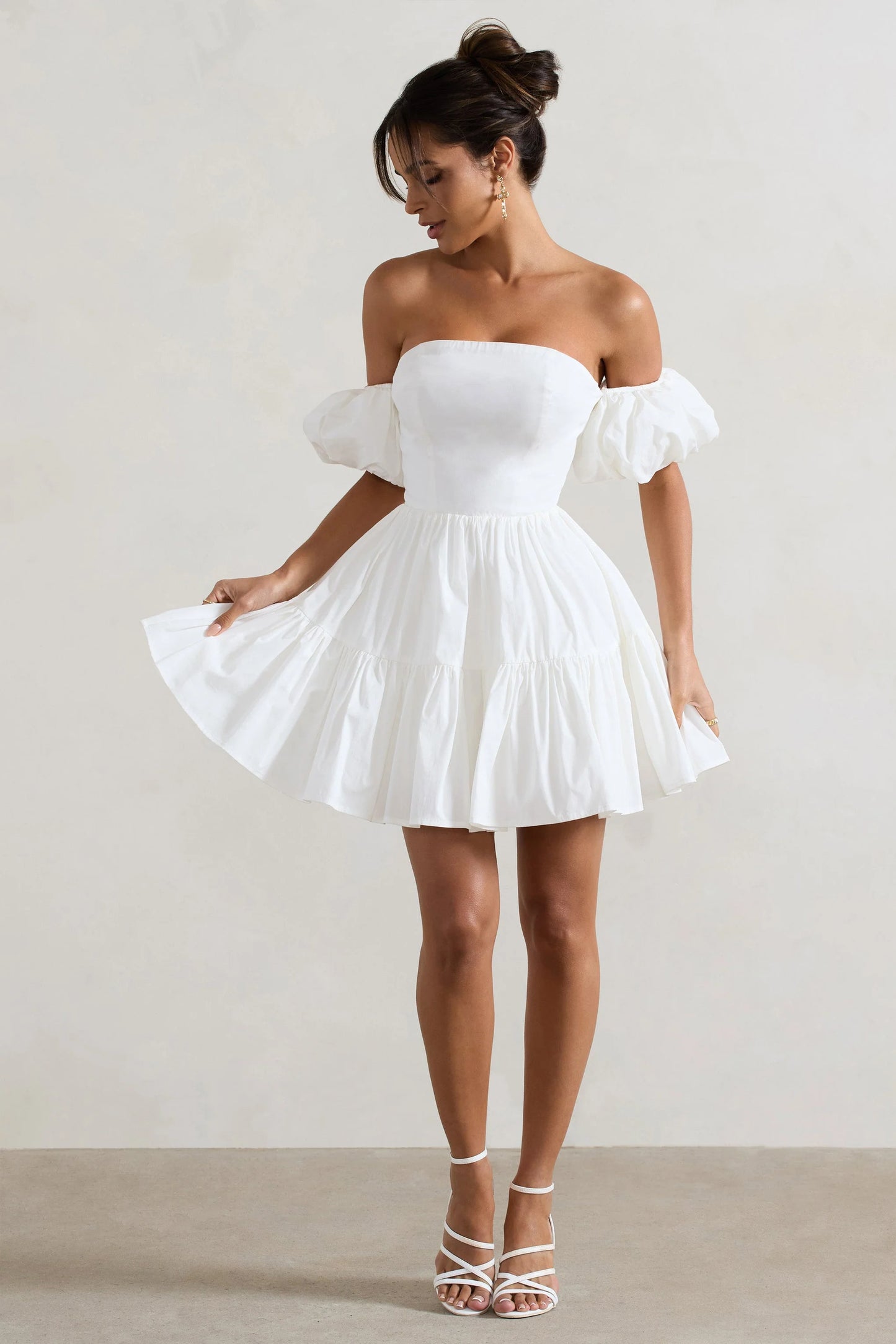 Lani | White Poplin Bardot Tiered Mini Dress With Puff Sleeves