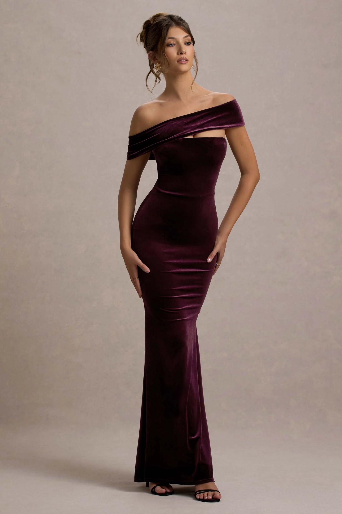 Candela | Port Velvet Asymmetric Bardot Maxi Dress