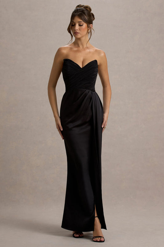 Edel | Black Satin Strapless Maxi Dress With Drape