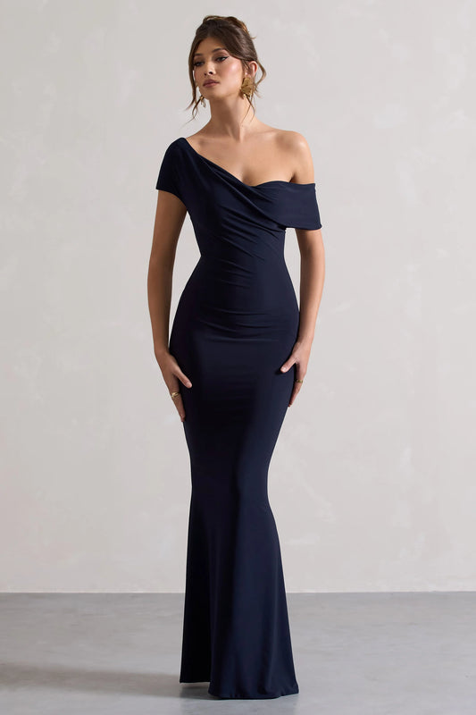 Avila | Navy Asymmetric Bardot Maxi Dress