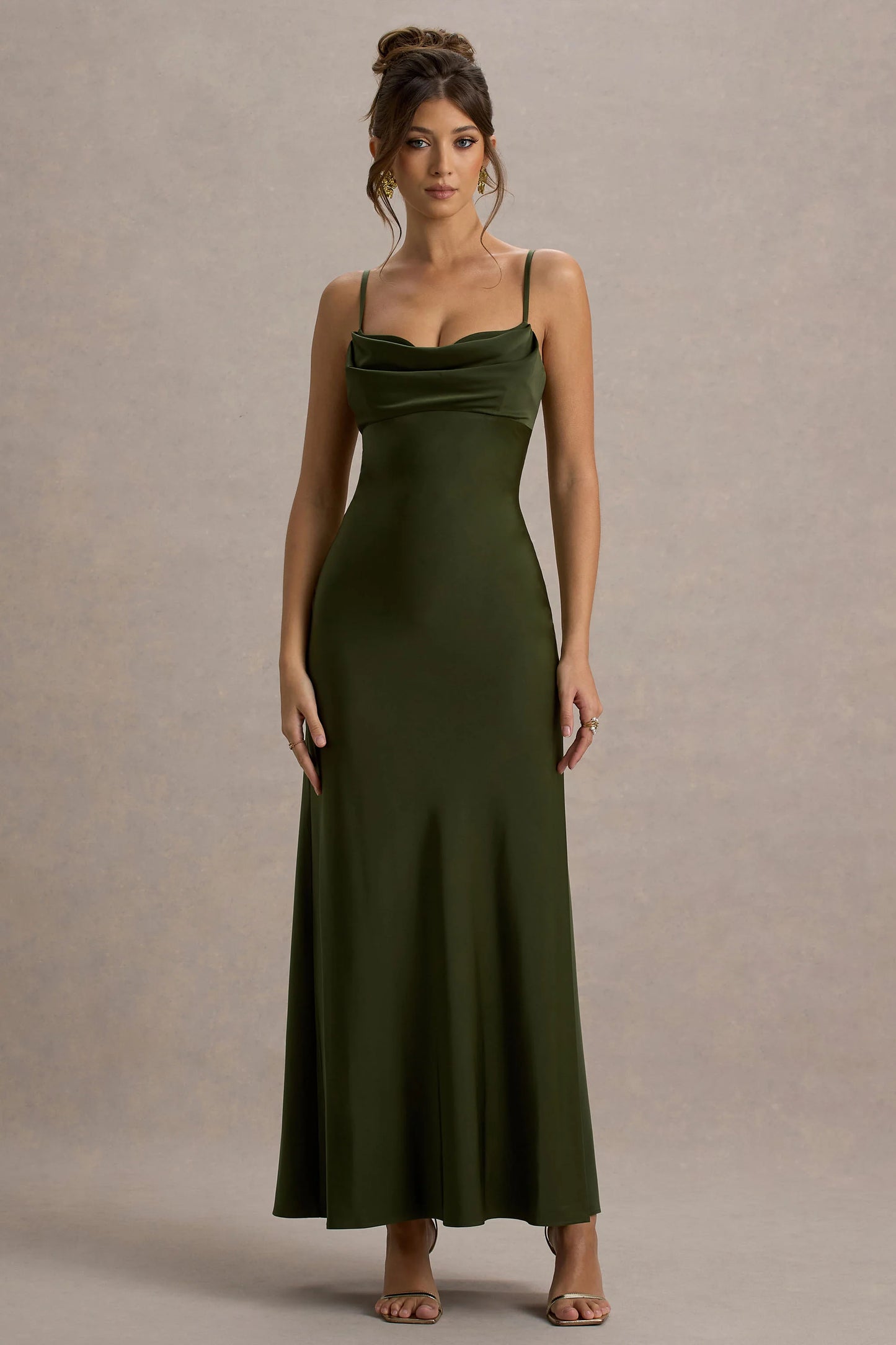 Eimear | Olive Green Satin Draped Sweetheart Maxi Dress