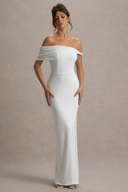 Alonza | White Twisted Bardot Maxi Dress